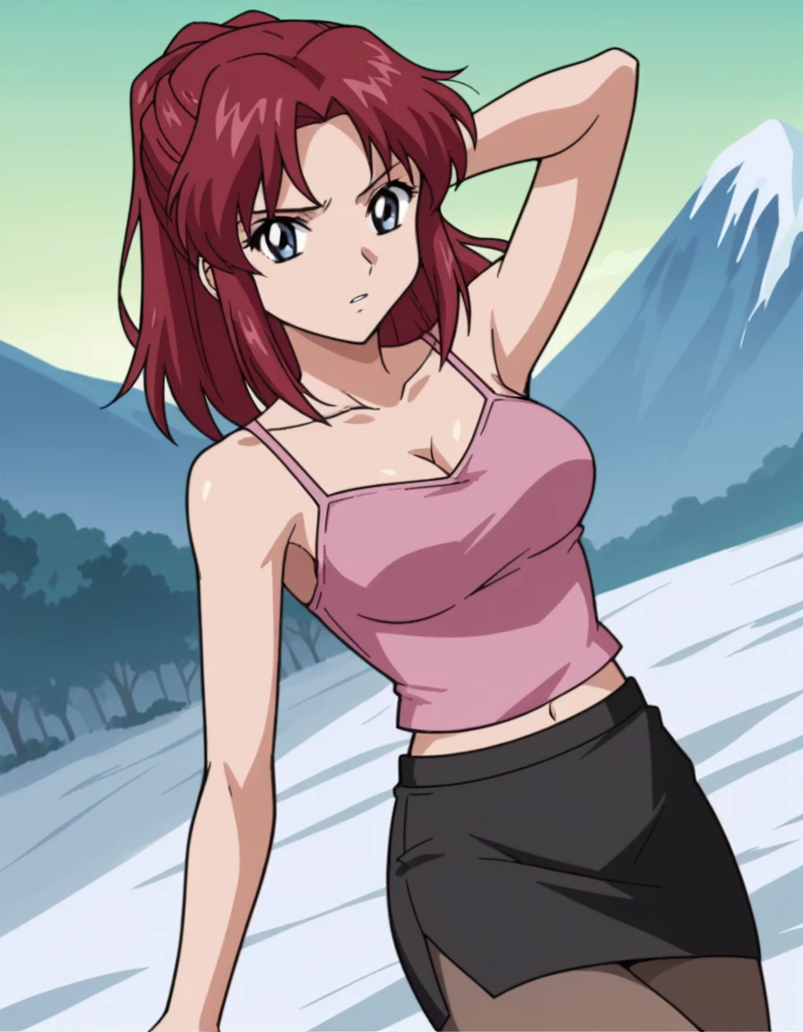 score_9, score_8_up, score_7_up, source_anime, <lora:flay-allster-s1-ponyxl-lora-nochekaiser:1>, flay allster, blue eyes, red hair, ponytail, half updo, parted bangs, sidelocks, anime screencap,, camisole, pink camisole, bare shoulders, cleavage, collarbone, skirt, pantyhose, navel, midriff, skirt, pencil skirt, black skirt, side slit,, snow day, winter clothes, snowball fight, laughter, cold breath, white landscape, , hand behind head, , looking at viewer, solo,, dutch angle, cowboy shot