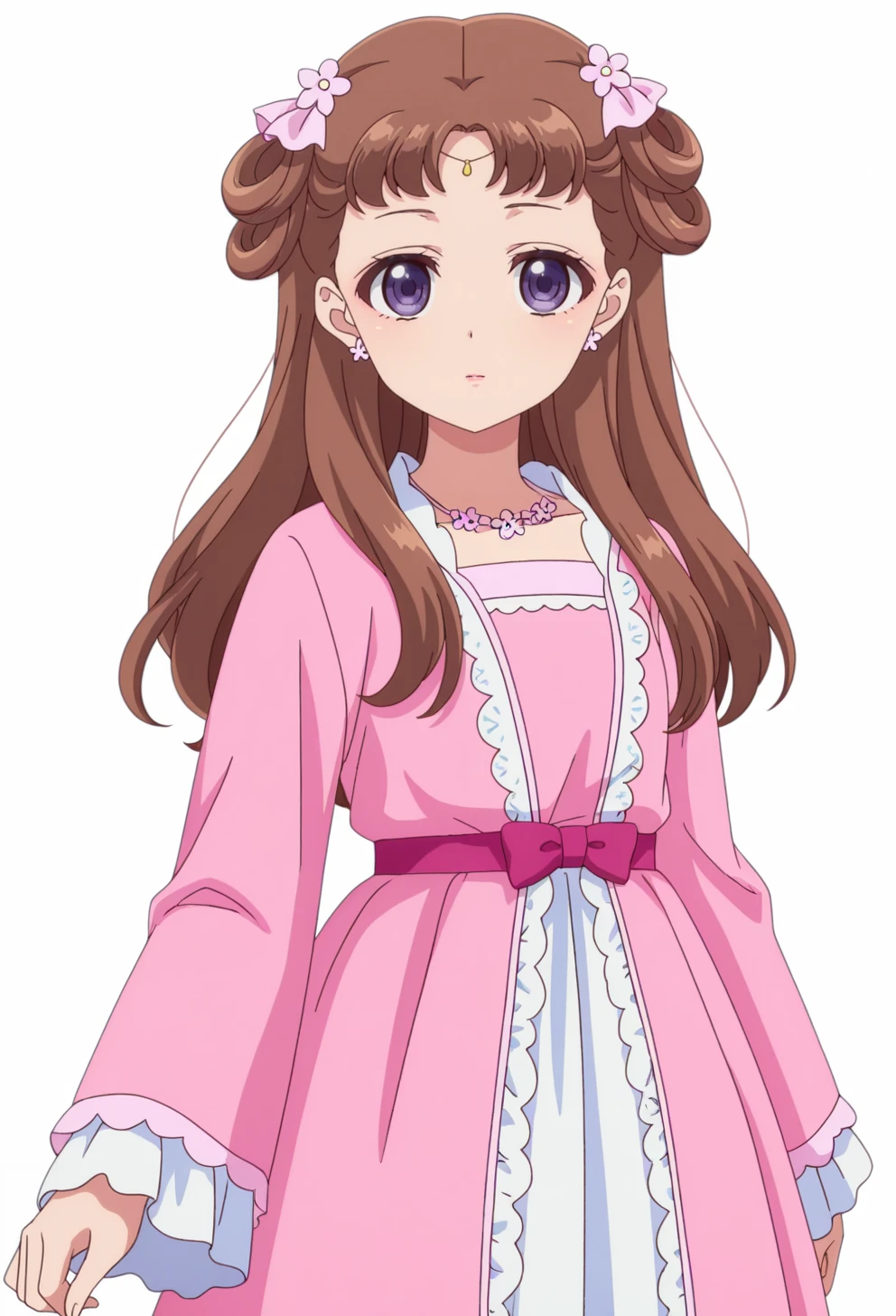 <lora:Lishu_illustrious-000030:1>,
solo,brown hair,long hair,looking at viewer,simple background,purple eyes,white background,transparent background,full_shot,pink dress