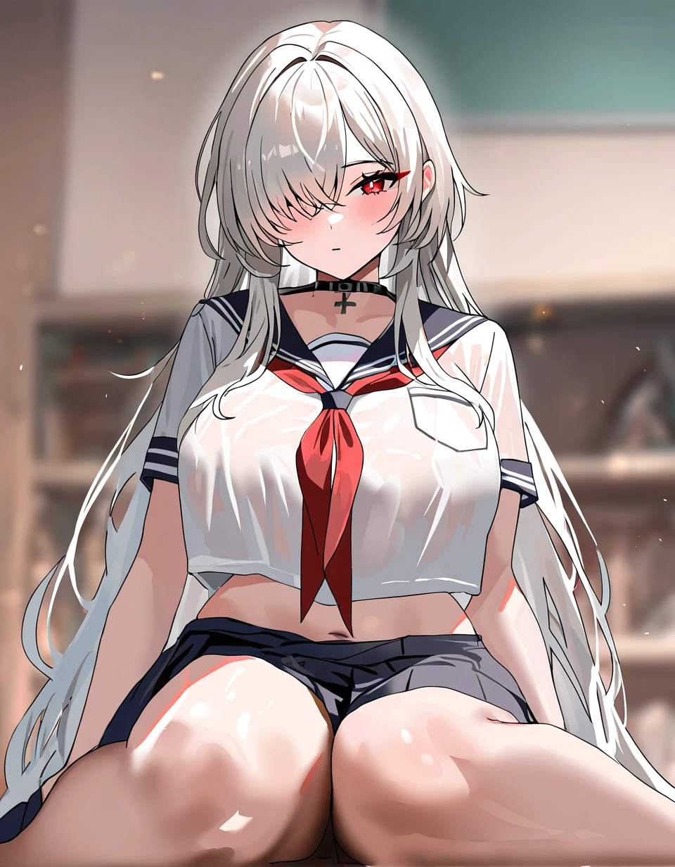 highest quality:, Very detailed, up to date, Ultra-high resolution, High Contrast, masterpiece, highest quality, very aesthetics, beautiful detailed face, Highly detailed skin, 1 lady, jk, thong:, (under boob:),  Crop Top white shirt, sleeveless,  Sailor  uniform only for the upper body, Red Ribbon Tie, kneeing with hands back:, spread legs,half opened mouth, smile, beautiful detailed Green eyes, bedroom,  high heeled shoes, long legs, short torso, anatomically correct, 