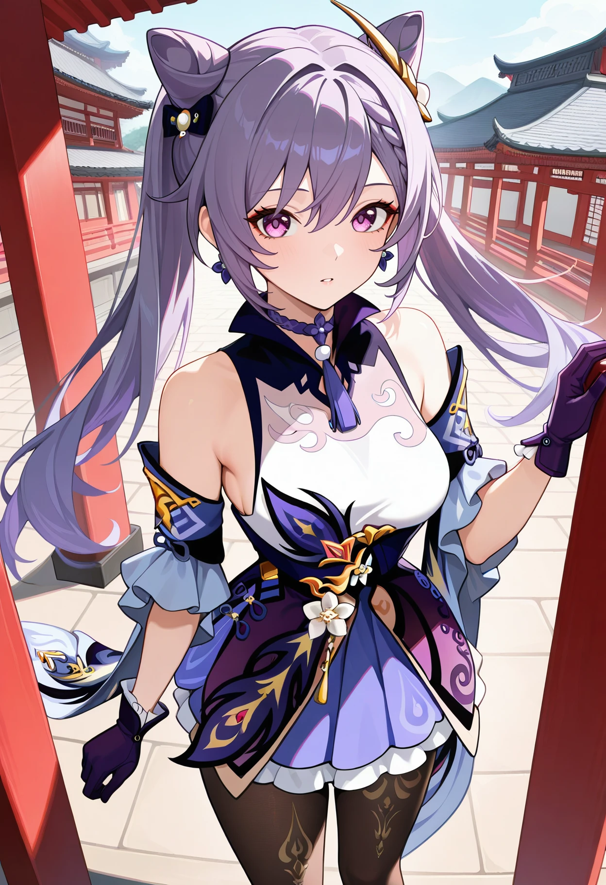 masterpiece, best quality, hires, absurdres, newest, 1girl, solo, <lora:keqing-gi-richy-v1_ixl:1> kqngdf, purple eyes, purple hair, long hair, twintails, double bun, cone hair bun, braid, hair between eyes, hair ornament, medium breasts, purple choker, neck tassel, purple dress, frills, detached sleeves, black pantyhose, purple gloves, parted lips, looking at viewer, thighs, outdoors, east asian architecture, earrings, hand_up