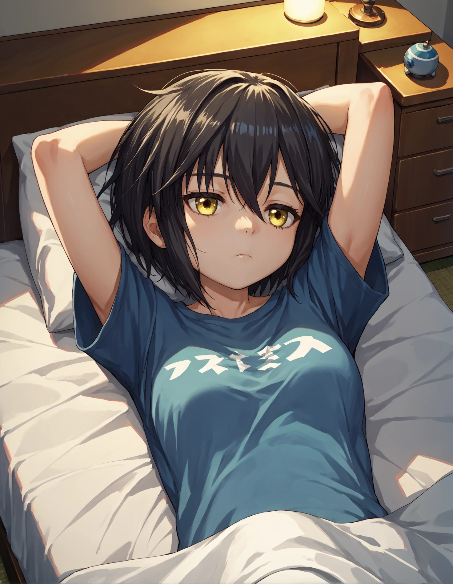 score_9, score_8_up, source_anime, 1girl, upper body, medium shot, detailed, pmmmkurekirika, black hair, yellow eyes, lying, view from above, blue t-shirt, indoors, bedroom, bed, hand behind head, blanket, evening, sleepy, <lora:pmmmkurekirika_XL:0.9>