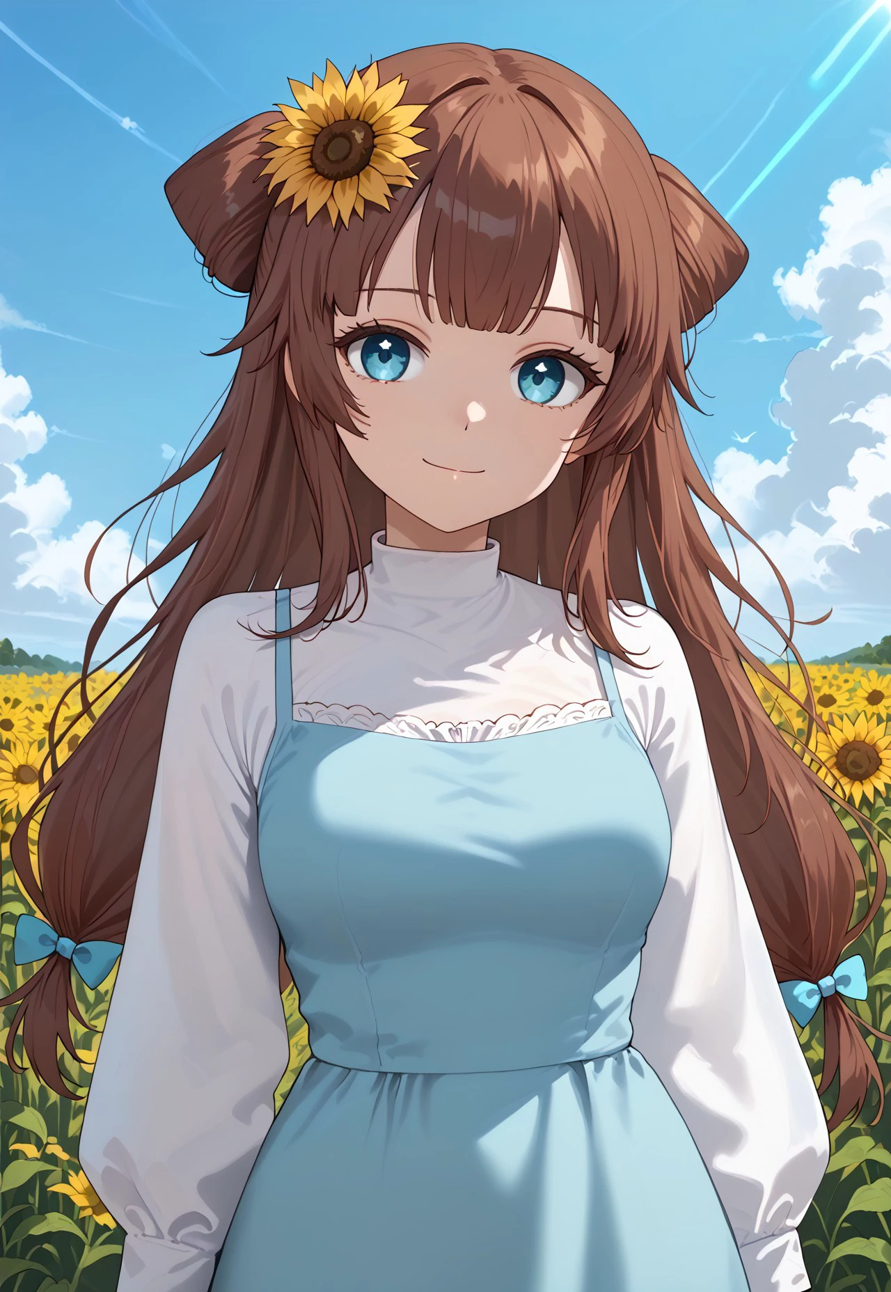 1girl, solo, solo focus, highres, absurdres, RemiSprings, hair flower, sunflower hair ornament, brown hair, long hair, bangs, blue eyes, blue dress, white shirt, hair bow, blue bow, bangs, long dress, long sleeves,
looking at viewer, light smile, closed mouth, head tilt, hand up,
day, blue sky, cloud, sunflower field, neon lights, shade,