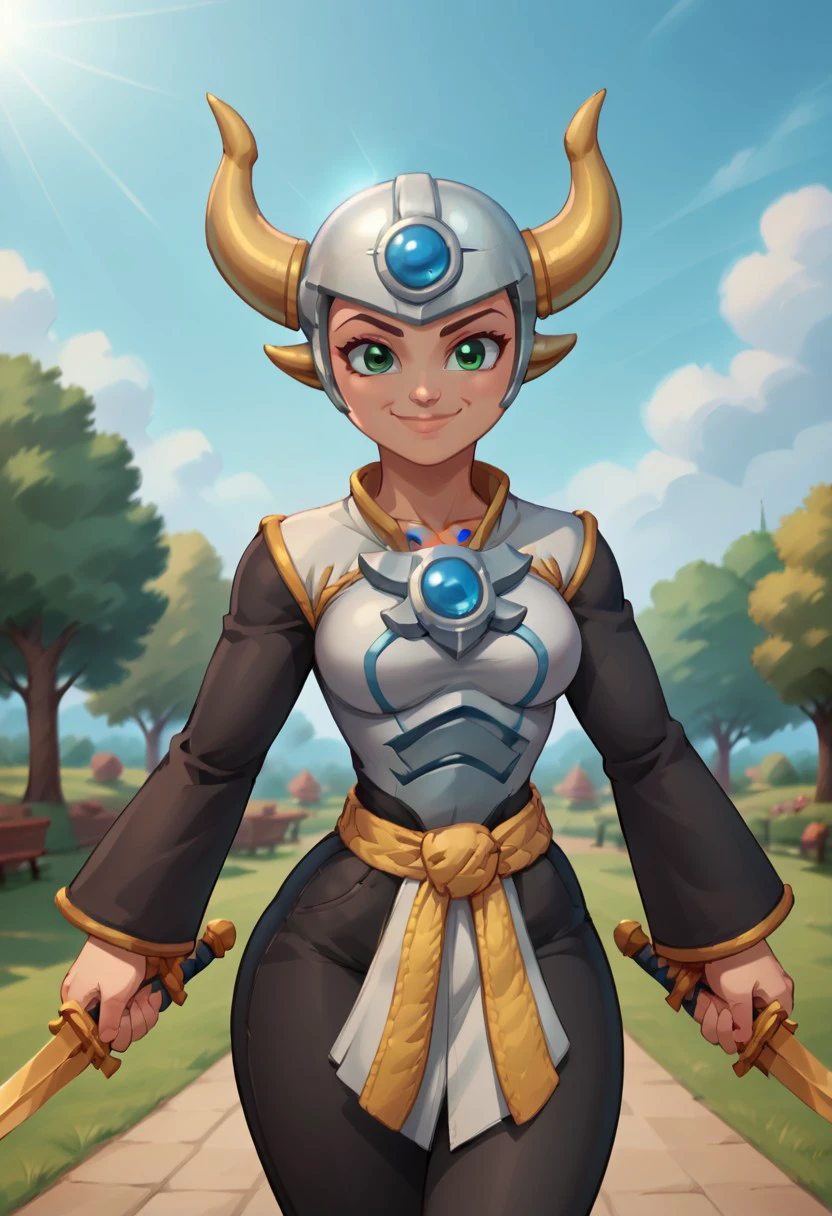 park neighborhood, park background, day, day time, 2d, 1girl, masterpiece, best quality, extreme detail, hourglass figure, wide hips, round boobs, medium breasts, mature female, 2d, 1girl, solo, Skylanders, Aurora, green eyes, helmet, headgear, horns, white top, yellow belt, tied belt, long sleeves, black sleeves, loose sleeves, black pants, bare hands, chest jewel, forehead jewel, gold trim, swords, holding swords, gold swords, dual wielding,
close up, happy expression, smile, looking at viewer, closed mouth,