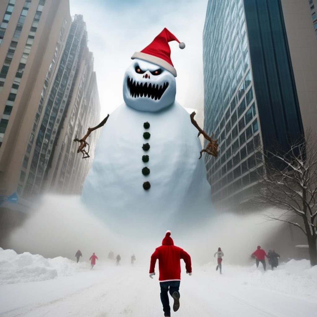 <lora:Grim_Snowmen:1> gr1msn0w, sinister gigantic,huge, enormous snowman monster, santa hat, destroying the city, hitting a building, people running for their lives,