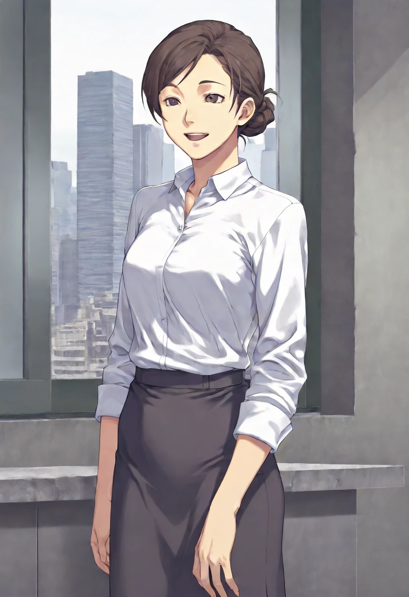 old,game cg,kyouno aki,aozora kyuuji,1girl,solo, <lora:JVascoLSILlustrious:0.95>,jvascols,standing,in office,brown hair,short hair,single hair bun,collared shirt,dress shirt,skirt,cowboy shot,facing viewer,concrete,cityscape in background,indoors,brown eyes,happy,standing straight