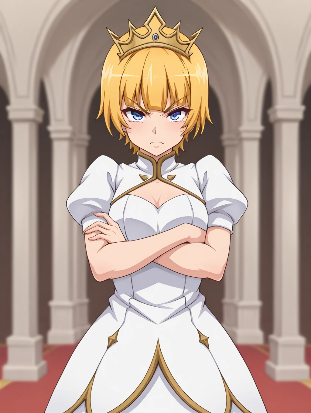 1girl, Sara, blonde hair, short hair, blue eyes, standing, white dress, crown,

looking at viewer, ((dynamic pose)), crossed arms, angry, 

masterpiece, best quality,amazing quality, very aesthetic, absurdres, depth of field, blurry background, extremely detailed face, detailed eyes