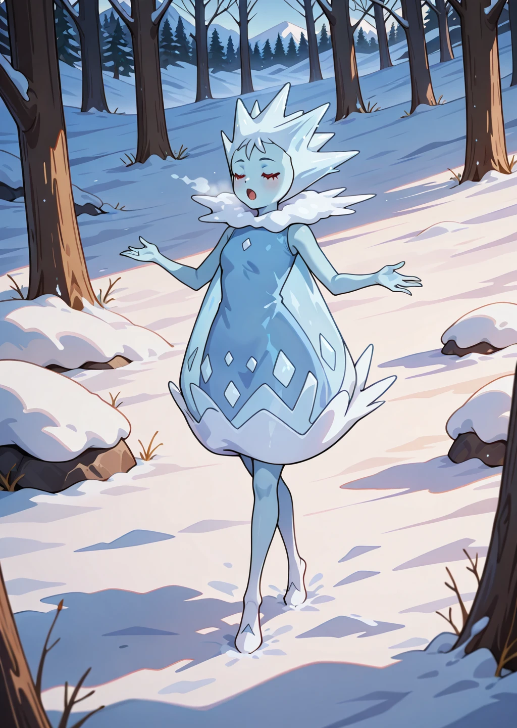 perfect quality, best quality, detailed, full body, 1girl, female 1celady, singing in the forest, mouth open, closed eyes, mist, frost, snow background <lora:The Lady of the Cold (Jäärouva, Moomin) [Illustrious]_epoch_11:0.6> 1celady, pokemon (creature), ice dress, red eyes, blue skin, outdoors