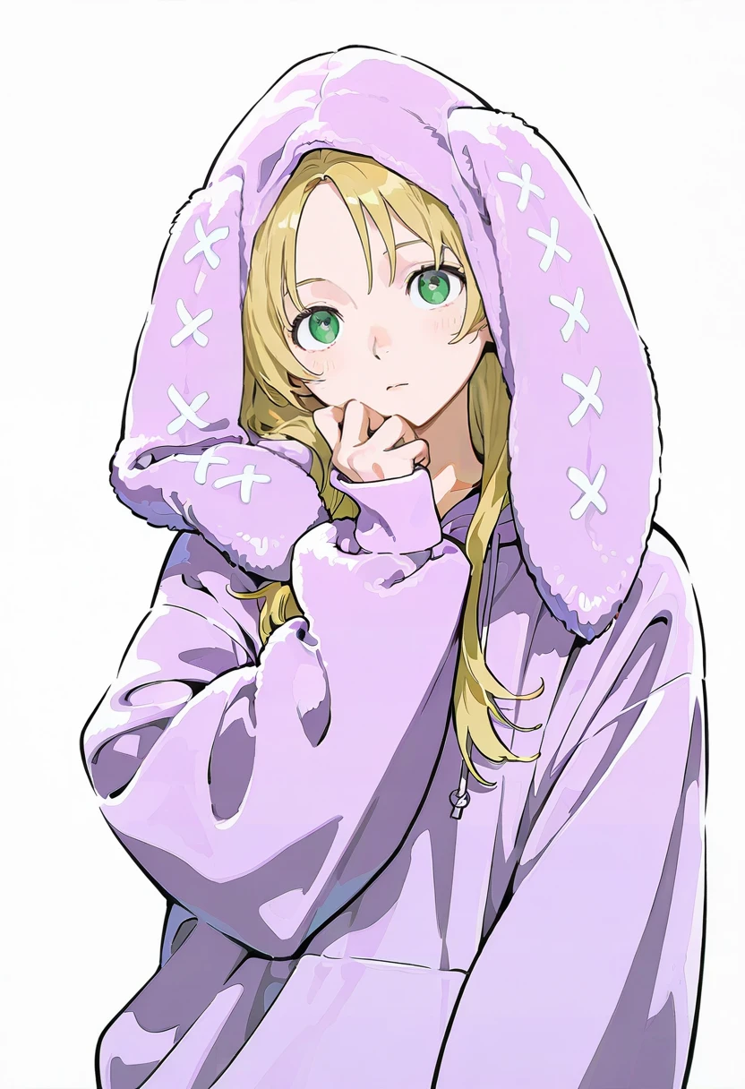 1girl,solo,looking at viewer,ikeda ruriko, harajuku rabbit ear jacket, purple hoodie, hood up, rabbit ears, marcille_donato