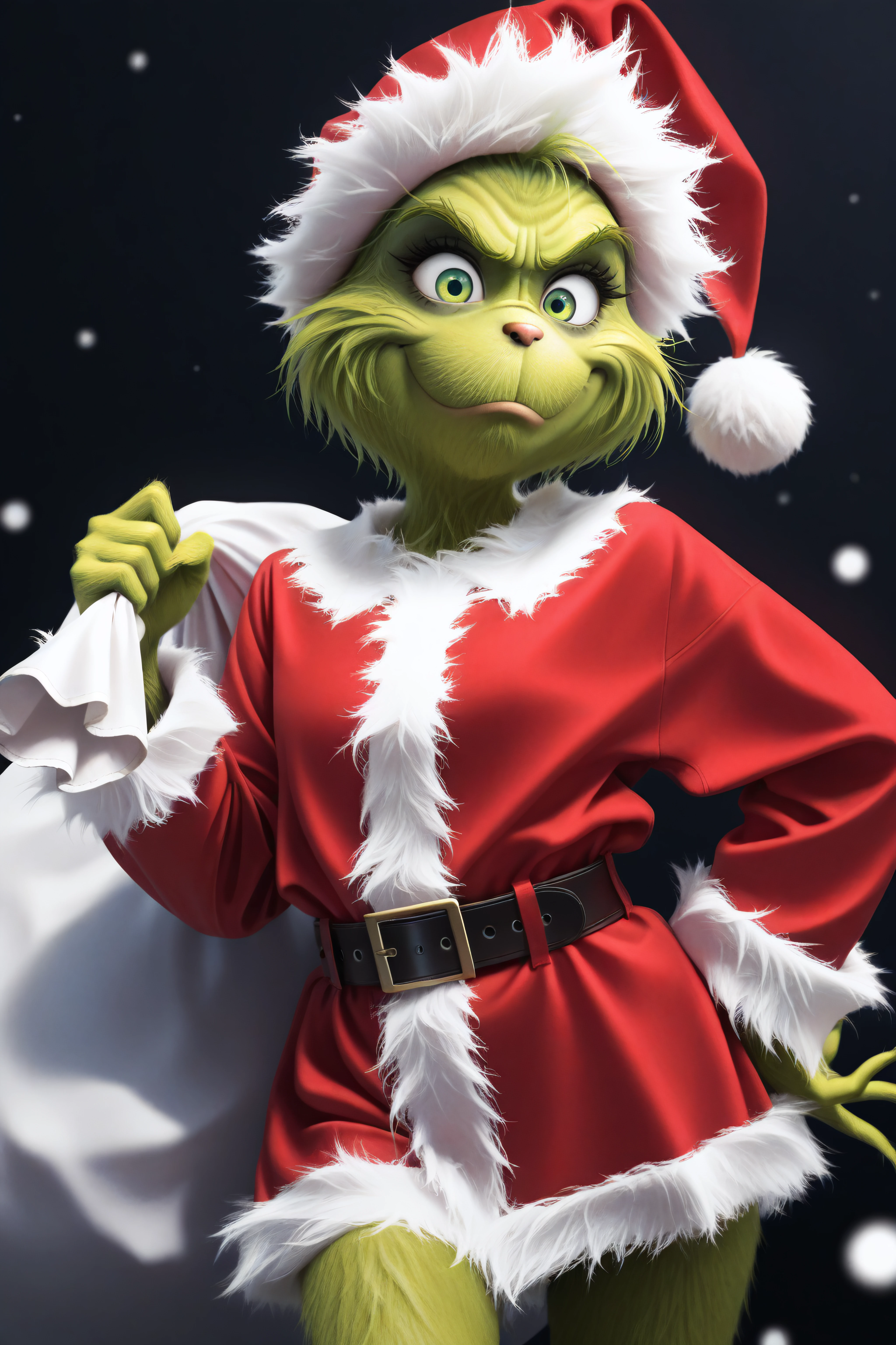 masterpiece, best quality, <lora:The Grinch v1.5-Illustrious-lora-Faxtron:1> the grinch, green eyes, santa hat, santa costume, belt,