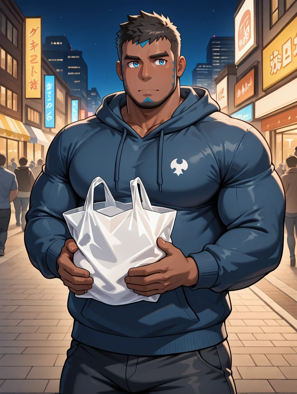 <lora:Aqua_Admin_Matt_IL:0.97> 1boy, solo, aqua_admin_matt, hoodie, muscular, bara, dark skin, face paint, beard, short hair, black hair, cowboy shot, blue eyes, chubby, night, walk, sidewalk, buildings, carrying plastic bag, crowd background, masterpiece, best quality