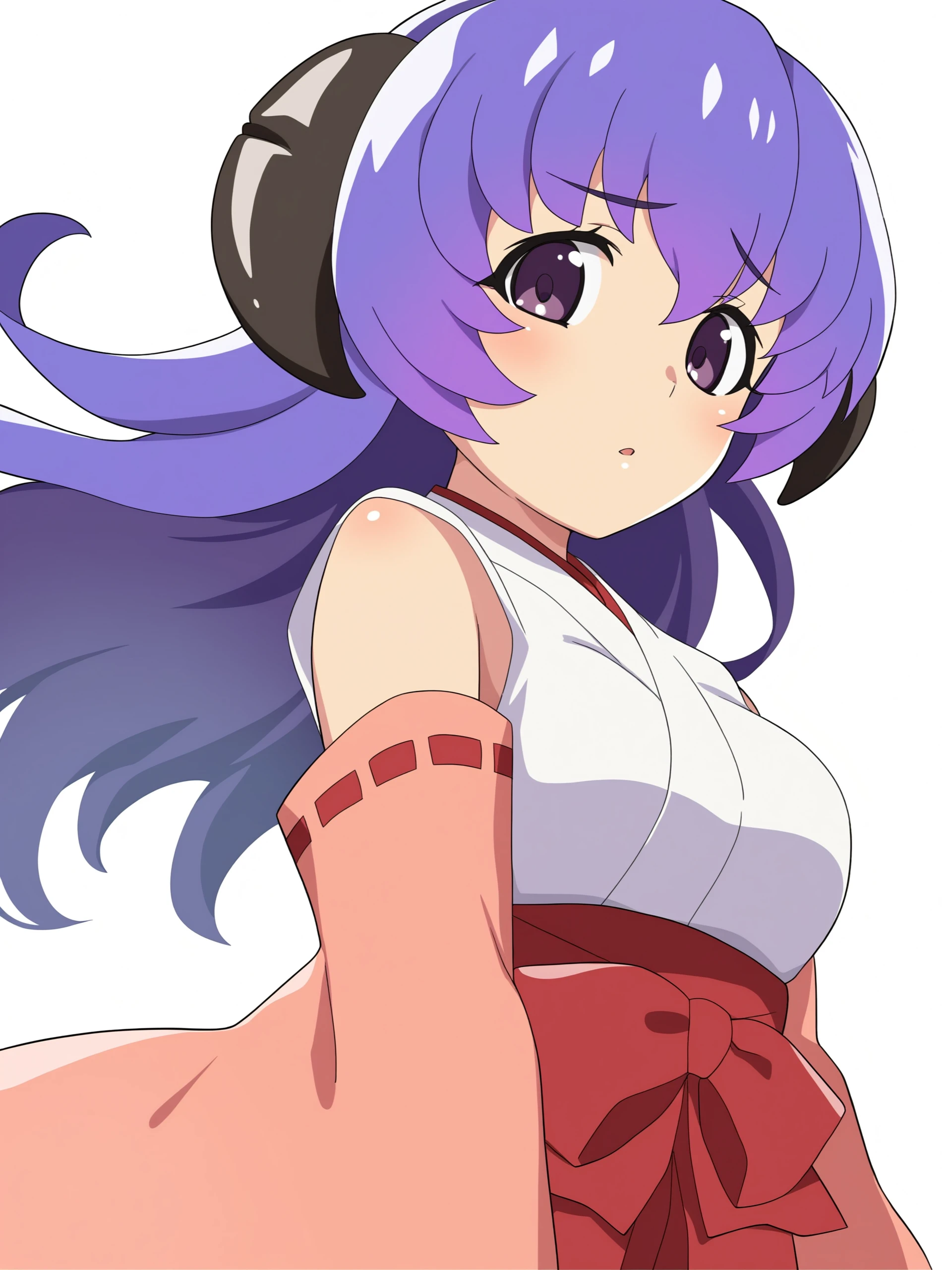 higurashimei, 1girl, hanyuu, solo, horns, medium breasts, purple eyes, purple hair, long hair, ((simple background, white background)), japanese clothes, miko, skirt, hakama, hakama skirt, red detached sleeves, red hakama, blush, looking at viewer, upper body, 
(masterpiece, best quality, absurdres, highres, newest:1.2), very awa, 