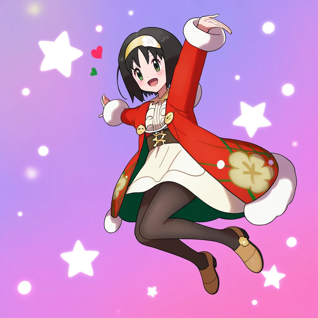 (1girl, solo,), jumping, full_body, close-up, stars, hearts, christmas_background, smiling, blush, holerika, erika_\(pokemon\), black_hair, short_hair, bangs, hairband, yellow_hairband, long_sleeves, official_alternate_costume, dress. white_dress, jacket, red_jacket, floral_print, long_dress, pantyhose, black_pantyhose, brown_footwear, masterpiece,best quality,amazing quality,very aesthetic,high resolution,ultra-detailed,absurdres,newest,volumetric lighting