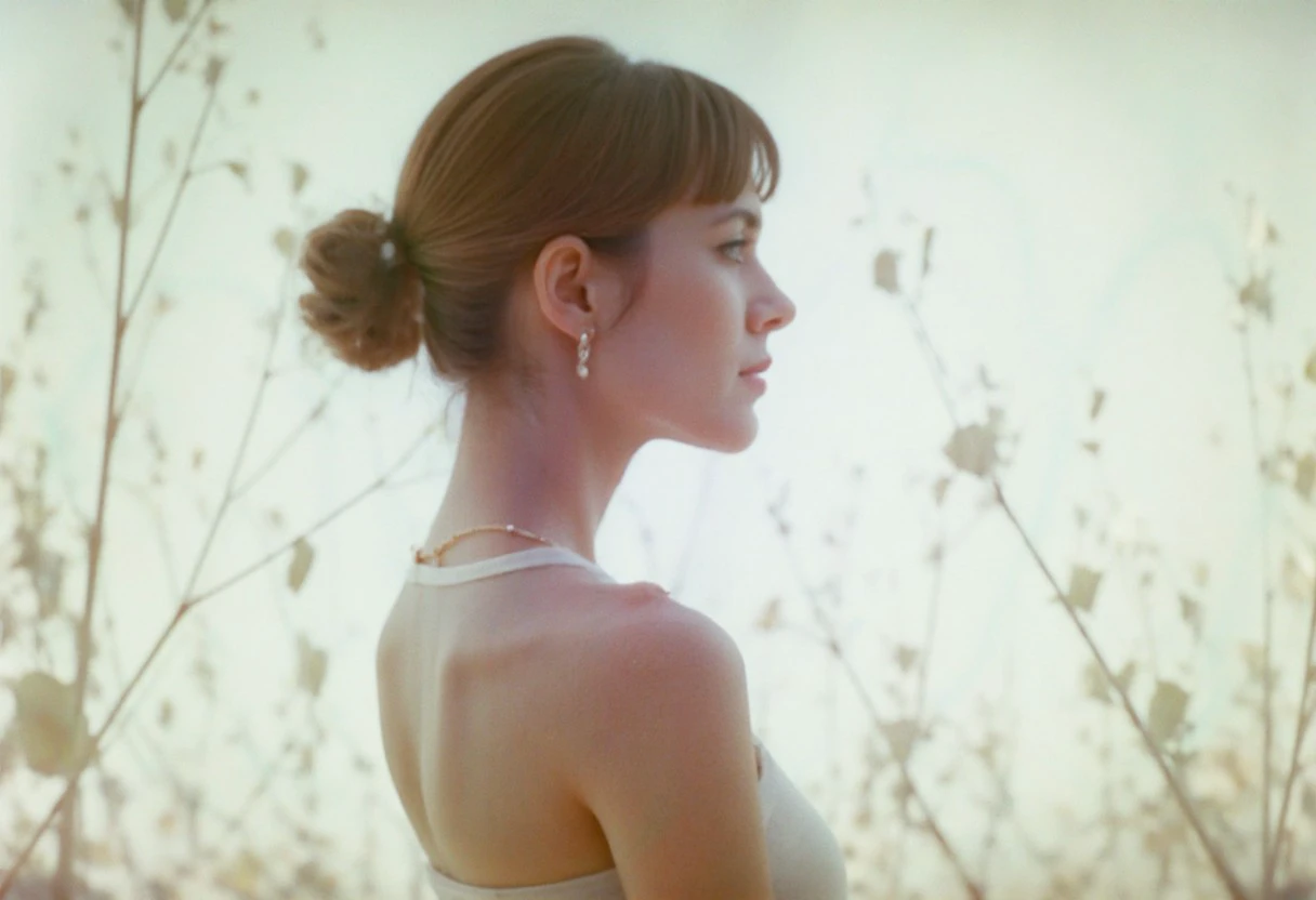 an aesthetic, minimalist depiction of a female profile in side view. The focus is on the soft contours and calm, monochromatic tones. The scene feels mystical and dreamy, almost as if viewed through a delicate mist, with gentle light accentuating the silhouette. The background is diffuse and creamy white, drawing attention to the elegant simplicity of the figure.