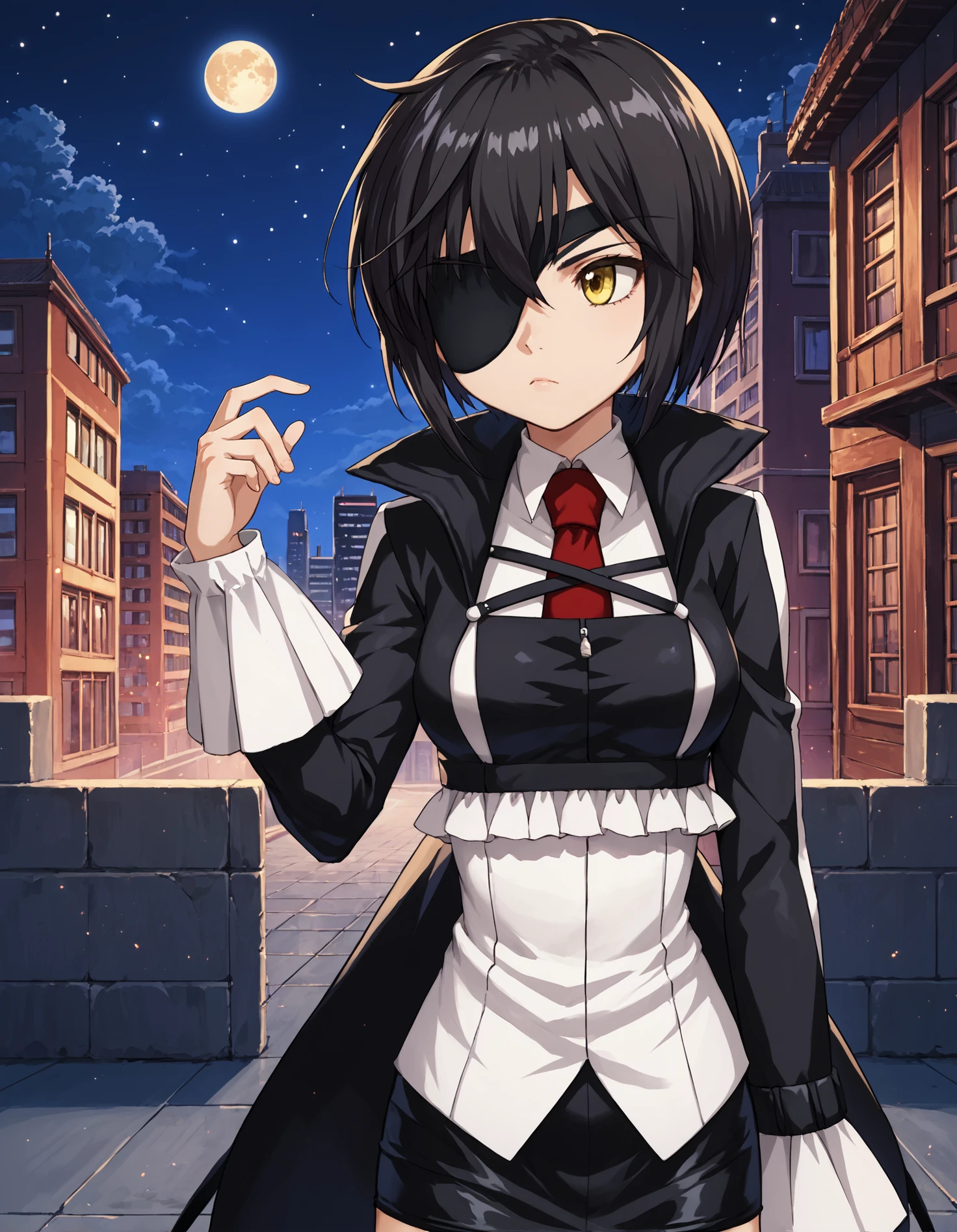 score_9, score_8_up, source_anime, 1girl, upper body, medium shot, detailed, pmmmkurekirika, standing, black hair, yellow eyes, eyepatch, one eye covered, white shirt, red tie, black frilled jacket, black sleeves, sleeves past fingers, black pencil skirt, hand up, (serious:0.7), (side view:0.7), hand up, outdoors, city, roof, night, sky, stars, moon, looking away, <lora:pmmmkurekirika_XL:0.9>