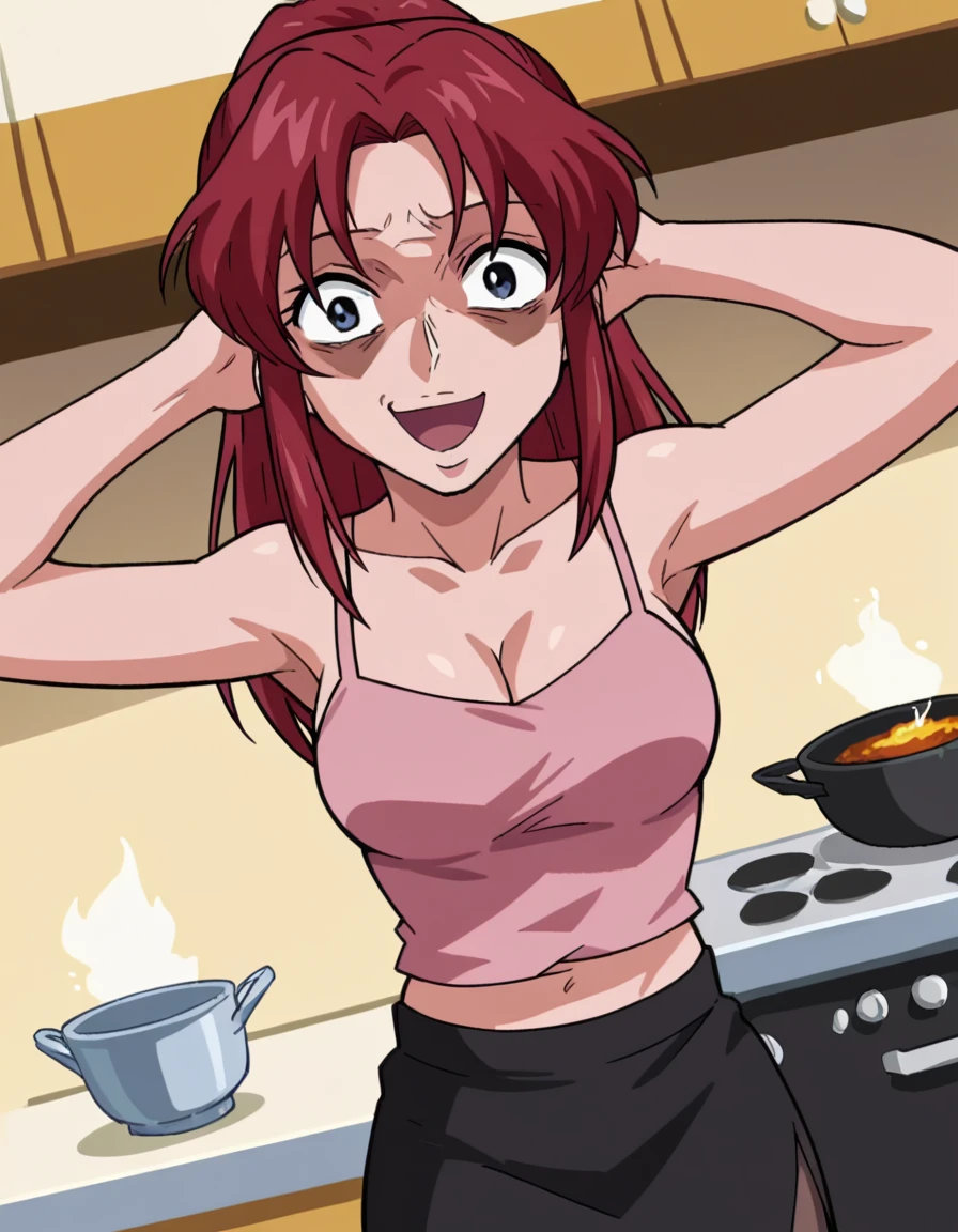 score_9, score_8_up, score_7_up, source_anime, <lora:flay-allster-s1-ponyxl-lora-nochekaiser:1>, flay allster, blue eyes, red hair, ponytail, half updo, parted bangs, sidelocks, anime screencap,, camisole, pink camisole, bare shoulders, cleavage, collarbone, skirt, pantyhose, navel, midriff, skirt, pencil skirt, black skirt, side slit,, kitchen, stove, fridge, utensils, chef, smile, <lora:shocked-black-guy-ponyxl-lora-nochekaiser:1> shocked black guy, open mouth, looking at viewer, hands behind head, shaded face,, looking at viewer, solo,, dutch angle, cowboy shot