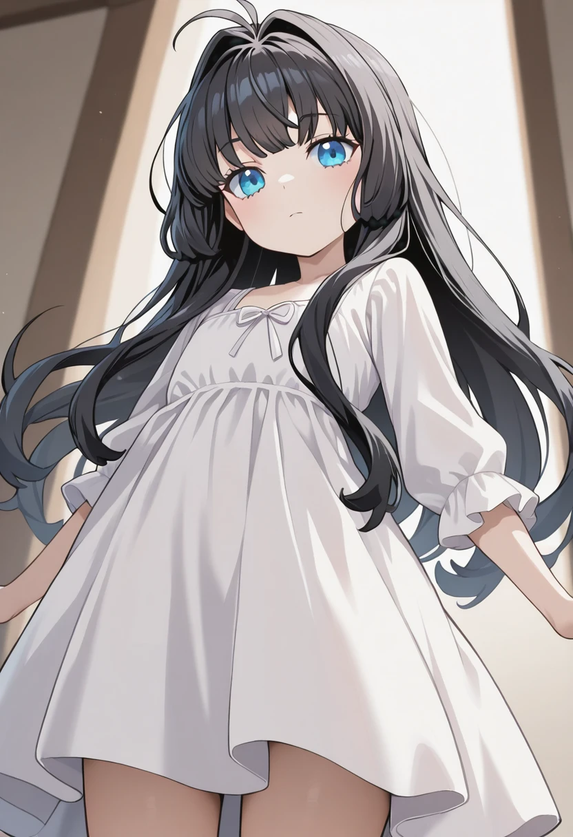 masterpiece,best quality,absurdres,perfect lighting,
*//*,<lora:BlancheFreidkin_Illustrious:1>,blanche_freidkin1girl,flat chest,blue eyes,black hair,long hair,hair intakes,ahoge,white dress,
*//*,looking at viewer,cowboy shot,dutch angle,dynamic pose,expressionless,