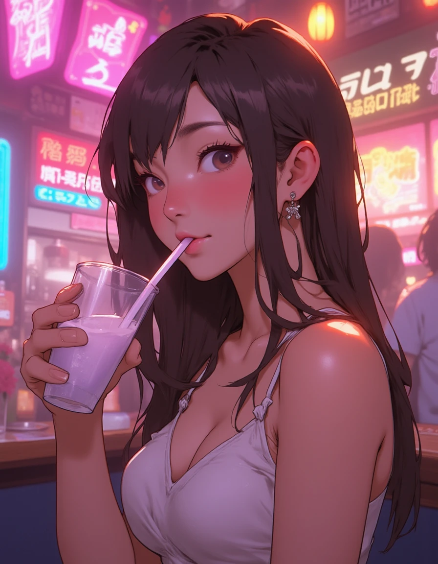 an anime NIJI artwork using muted colors, soft blended shading and smooth lines, an Asian woman drinking from a straw, with long brown hair, in a dimly lit bar background, shot on Kodak Gold 400. A gentle and bright illustration characterized by watercolor-style, fashionable ,anime-inspired line art with fine, delicate lines. The entire scene is immersed in bright light and filled with a lively atmosphere, featuring vibrant colors, hand-drawn elements, and soft lighting. Presented in a colorful, pencil-drawn (line art) anime style with pastel tones, it conveys a warm and gentle feeling.