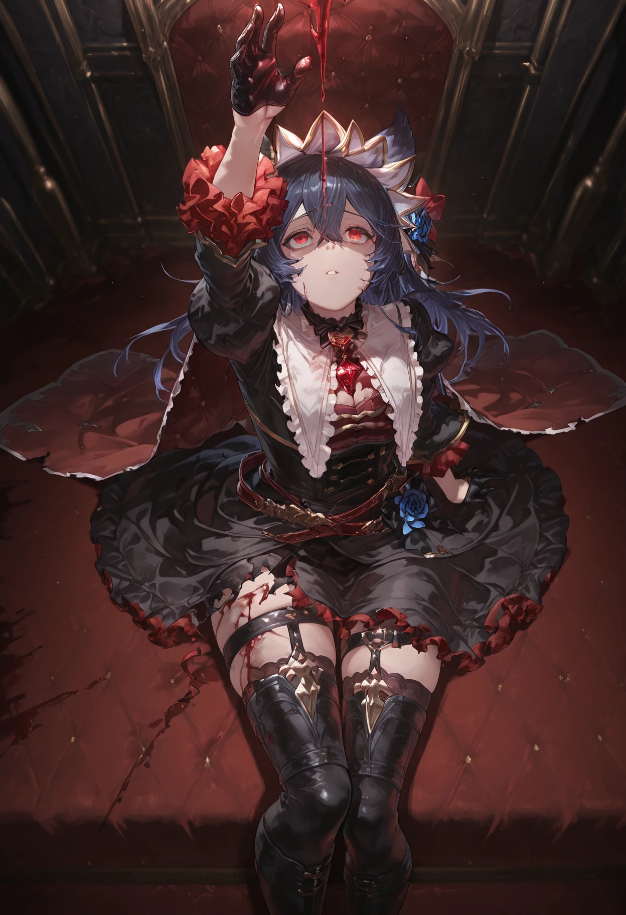 masterpiece, best quality, amazing quality,  
 <lora:neirIL:1>, nierIL, niertorment, black dress, brooch, frills, red gemstone, rose, bonnet, half gloves, hair ornament, puffy sleeves, 1girl, solo, long hair, looking at viewer, thighhighs, gloves, dress, hair between eyes, sitting, flower, black gloves, striped, black thighhighs, cape, arm up, torn clothes, blood, thigh strap, looking up, blue flower, blue rose
 <lora:GBF_Illustrious:1> gbf_style