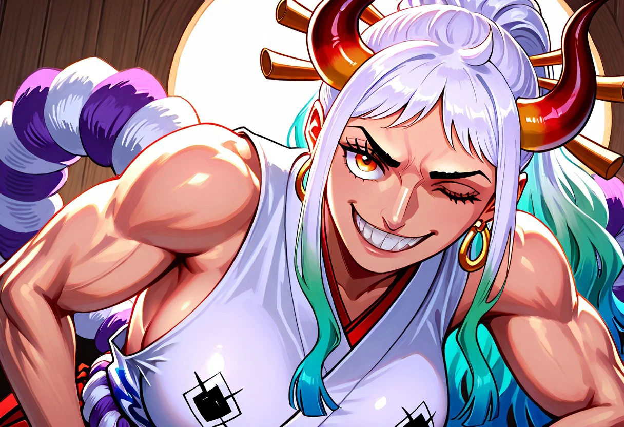 masterpiece, best quality, newest, absurdres, highres, Berserkingtimeface, smile, teeth, one eye closed, grin, 1girl, yamato \(one piece\), curled horns, red horns, multicolored horns, orange eyes, white hair, green hair, long hair, multicolored hair, aqua hair, gradient hair, blue hair, sidelocks, ponytail, high ponytail, hair stick, large breasts, sleeveless kimono, bare shoulders, hoop earrings, earrings, shimenawa, toned