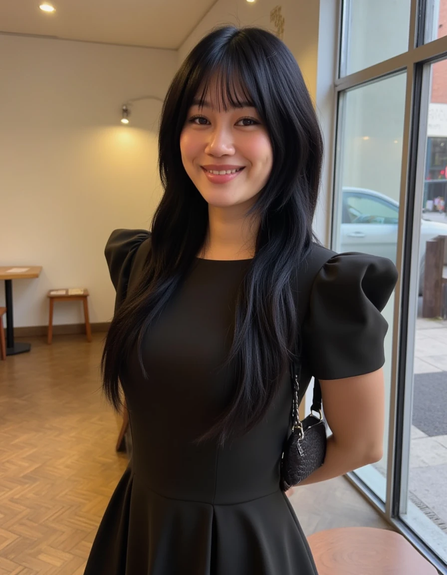 <lora:Jihoon_Kim_Flux:1> beautiful detailed photograph,  long straight black hair cascading over her shoulders,  wearing a boatneck dress, standing in a cafe, looking at the viewer, smile