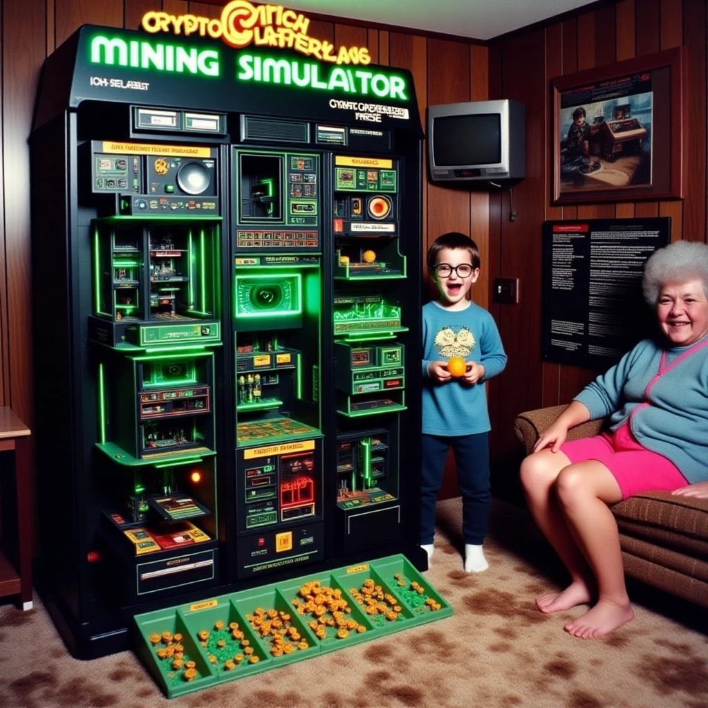 vin43toy5, 80s tech-themed basement with stacks of fake computer towers and blinking lights, a  standing beside a massive toy box labeled "Cryptocurrency Mining Simulator" in bold, glowing green font with a bitcoin logo on the side. The playset includes rows of tiny mining rigs, blockchain symbols, and fake stacks of "crypto coins." The child, wearing glasses and holding a plastic bitcoin, grins as they "mine." Grandma sits on a plastic chair nearby, muttering, 'When I was y age, we d real money.'