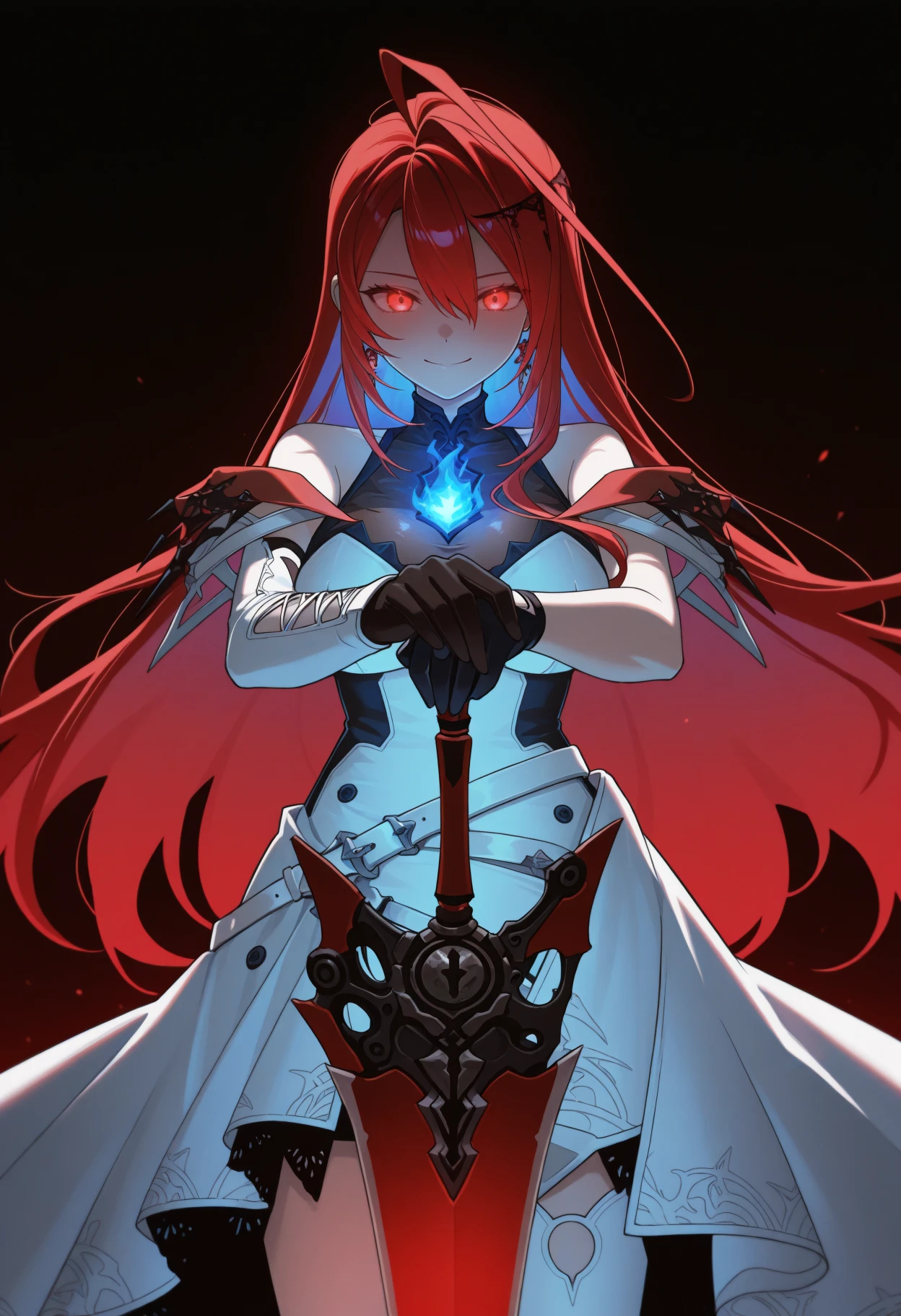 masterpiece, best quality, 1girl, solo, ElizabethRB, red eyes, red hair, colored inner hair, long hair, huge ahoge, hair ornament, earrings, sleeveless dress, white dress, asymmetrical dress, see-through cleavage, white belt, white jacket, off-shoulder, blue fire, fire on chest, black glove, single glove, white thighhighs, single thighhigh, holding sword, planted sword, looking down, looking at viewer, high contrast, dark theme, darkness, blue theme, glowing eyes, eye trail, smile, commanding, assertive female,  <lora:ChamElizabethRoseBloodflameIllustriousXL:1>