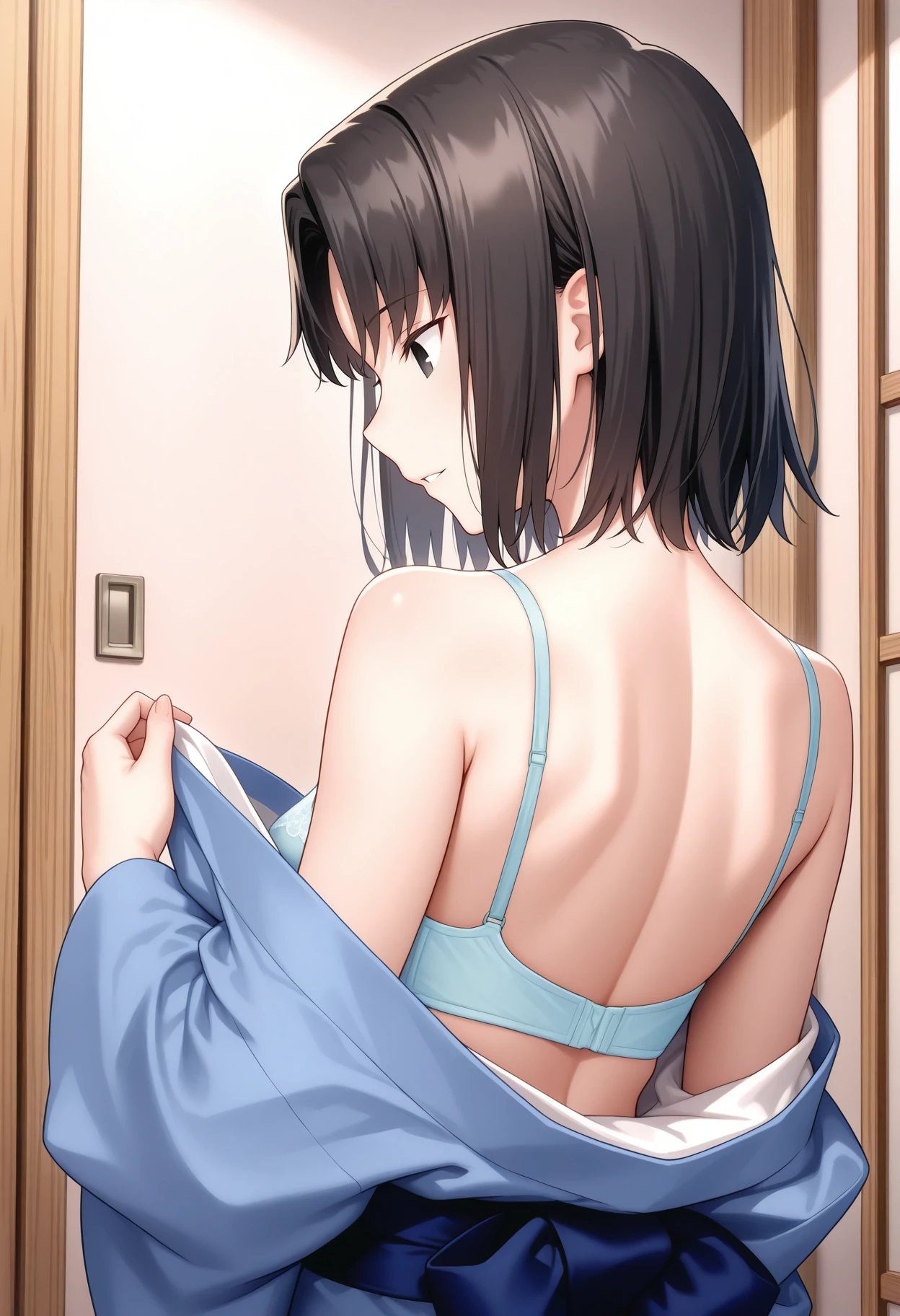 masterpiece,best quality, r_shiki, 1girl, solo, short hair, parted bangs, black hair, tsurime,black eyes, blue kimono, japanese clothes,sash,long sleeves, small breasts, bra,  off shoulder, undressing, bare back, looking down,profile,  light smile, parted lips, from behind, bedroom, dutch angle,<lora:r_shiki_2_IL-100007:0.9>