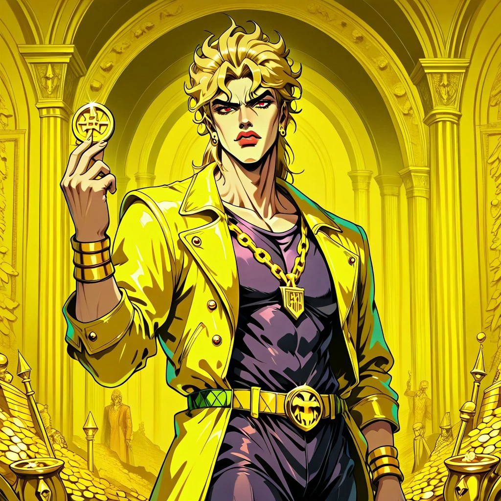 masterpiece, best quality, newest, absurdres, highres, treasury, treasury-background, background, gold tresure, golden coins, coins, gold, tresurę chest, jewelry, dio_brando, jojo_no_kimyou_na_bouken, 1boy, blonde_hair, red_eyes, yellow leather jacket,