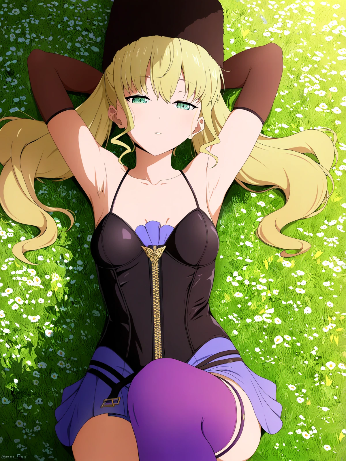 masterpiece, best quality, very awa, coro fae, anime coloring
<break>
mia karnstein, blonde hair, long hair, twintails, green eyes, spaghetti strap, fur hat, miniskirt, purple leggings, elbow gloves, zipper, bare shoulders, small breasts
<break>
1girl, solo, on back, flower field, dappled sunlight, day, half-closed eyes, relaxing, arms behind head, knee up