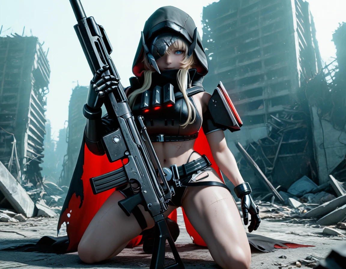 masterpiece, best quality, absurdres, very aesthetic, solo, 1girl, hood up, blue eyes, blonde hair, black gloves, metal gloves, broken mask, one eye covered, black crop top, scar on stomach, scar on leg, micro shorts, suspenders hanging, black belt, midriff, kneeling, holding gun, machine gun,  ruins, post-apocalypse, black cloak, red cloak, two-sided fabric,  torn cloak    <lora:gravenikke-illu-byananas-v12:1>