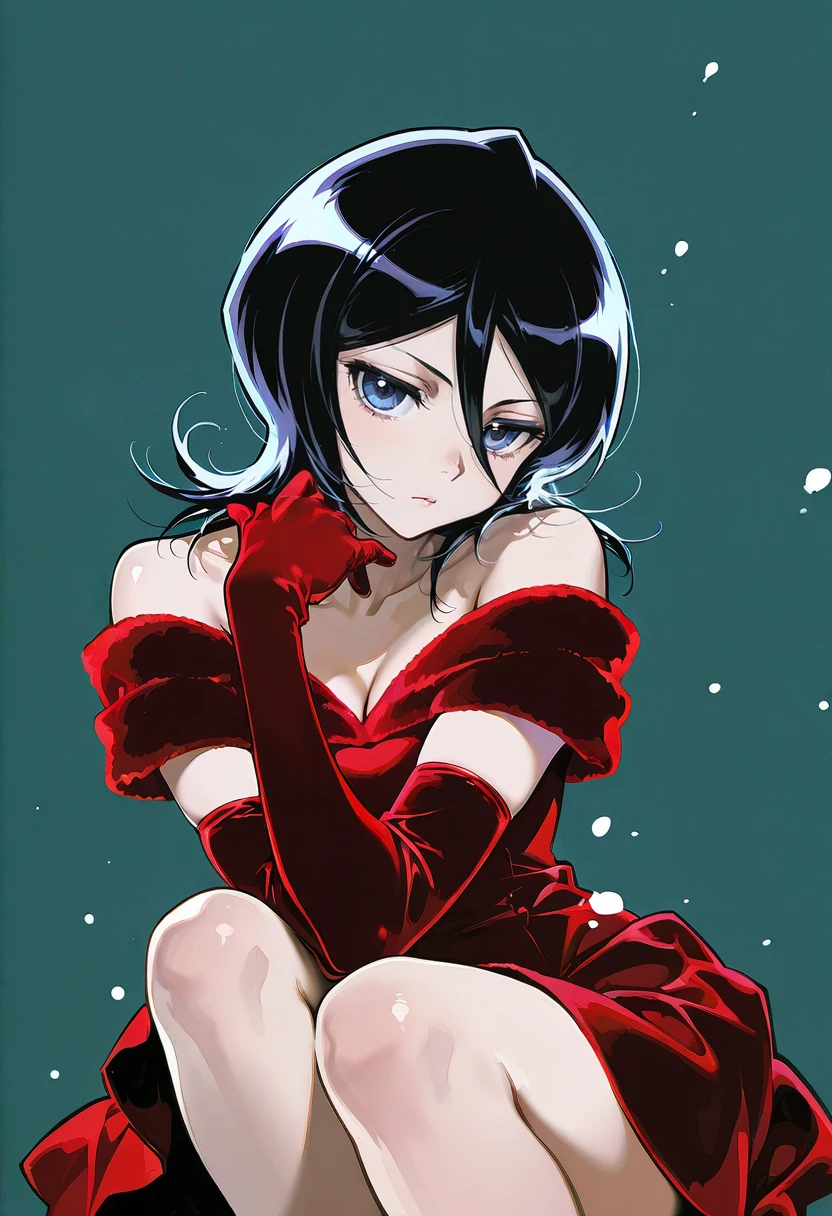 1girl,solo,looking at viewer,ikeda ruriko,velvet dress, elbow gloves, bare shoulders, red dress, red gloves, kuchiki_rukia, snow