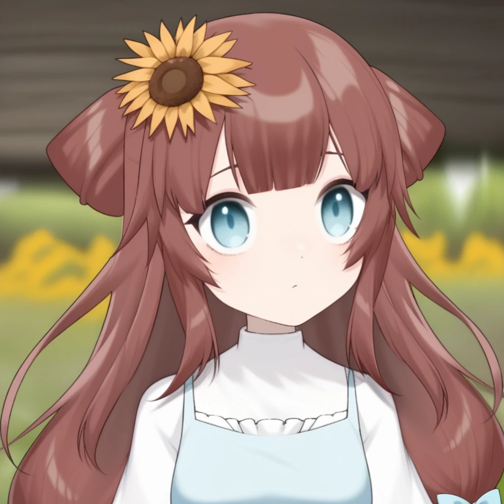RemiSprings, hair flower, sunflower hair ornament, brown hair, long hair, bangs, blue eyes, blue dress, white shirt, hair bow, blue bow, bangs,