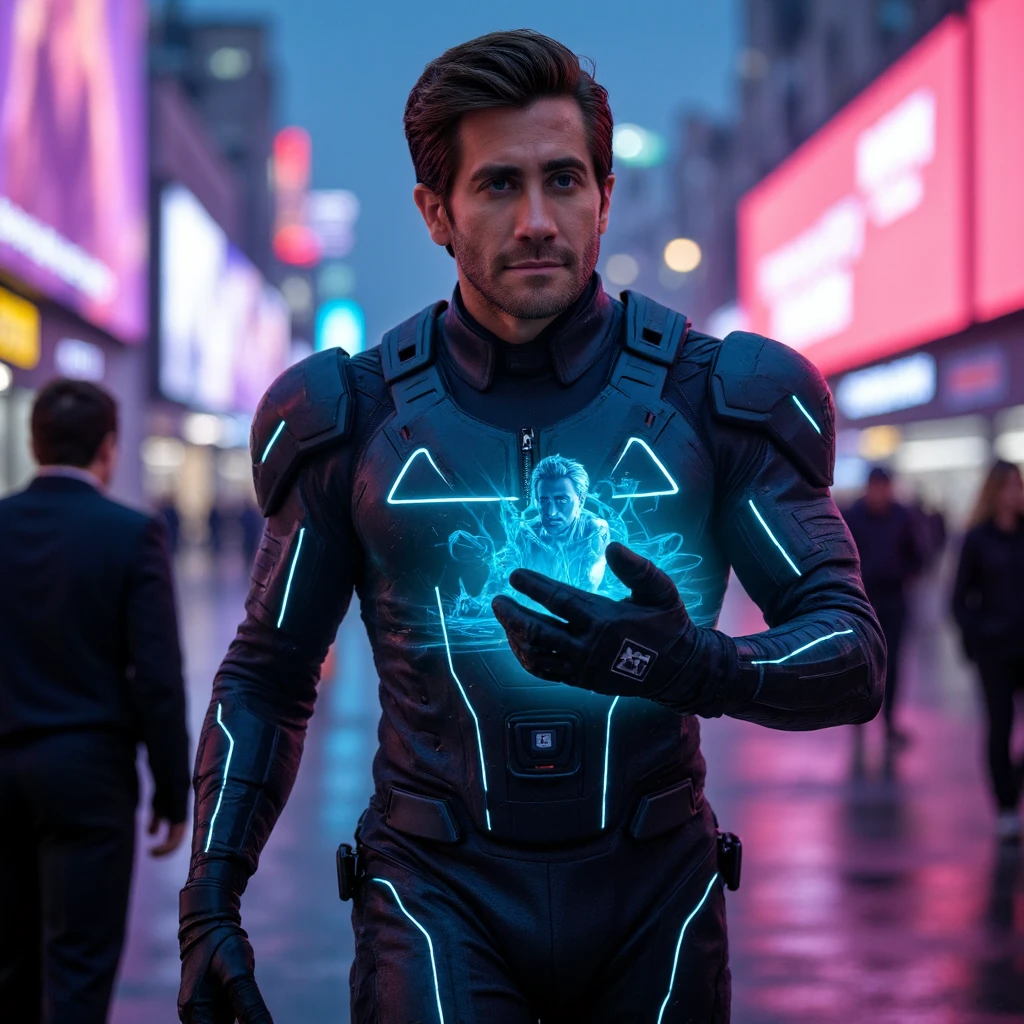 A hyper-detailed cinematic portrait of Jake Gyllenhaal in a futuristic, neon-lit city. He’s dressed in a sleek black tactical suit interwoven with glowing blue circuits, each pulsating as if alive. His right eye is a cybernetic implant, a lens that faintly glows red and projects holographic data streams into the air. His left eye is intense and calculating, catching the reflection of the towering digital billboards around him. Behind him, a sprawling cityscape glows in vibrant hues of pink, purple, and cyan, drenched in rain that cascades in slow motion. Jake’s hand holds a sleek, high-tech gadget displaying cryptic, three-dimensional holograms of his next target. In the background, shadowy figures blend into the dark alleyways, their silhouettes illuminated only by the sporadic flicker of neon signs written in an alien script.


