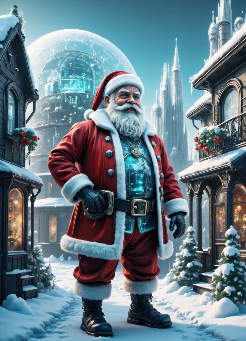 A vibrant, DonM fr0stp4nkfx style frosty glas scifi scene of a festive winter wonderland featuring Santa Claus amidst a flurry of sparkling and enchanting magical holly gravy, set against a backdrop of retro-style sparkling decorations adorning homes and streets in the snow.