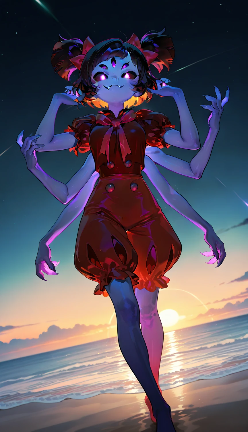 masterpiece, best quality, amazing quality, very aesthetic, absurdres, newest, scenery, 1girl,  <lora:MuffetV3:1>,  Muffet  \(undertale\), muffet, 3 sets of arms, wide_shot, from the side, glowing eyes, looking away from viewer, scenic beach background, midday background, breasts, close-up, dutch angle, (colorful), masterpiece, best quality, amazing quality, very aesthetic, absurdres, newest, scenery, volumetric lighting