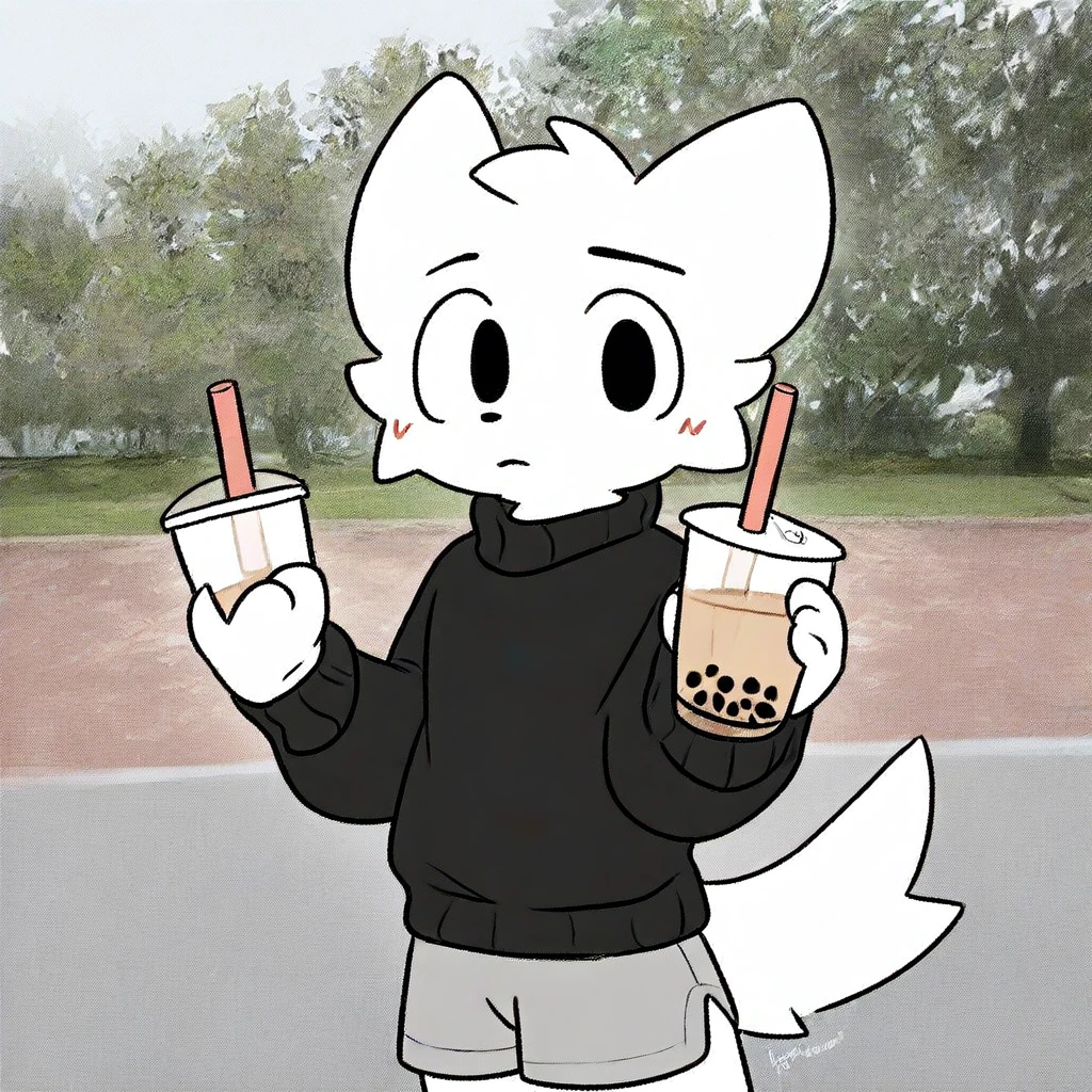 (2024, very aesthetic, newest, best quality, masterpiece), boykisser, solo, furry, cat, white fur, black eyes, black sweater, gray shorts, holding, bubble tea, park, park background