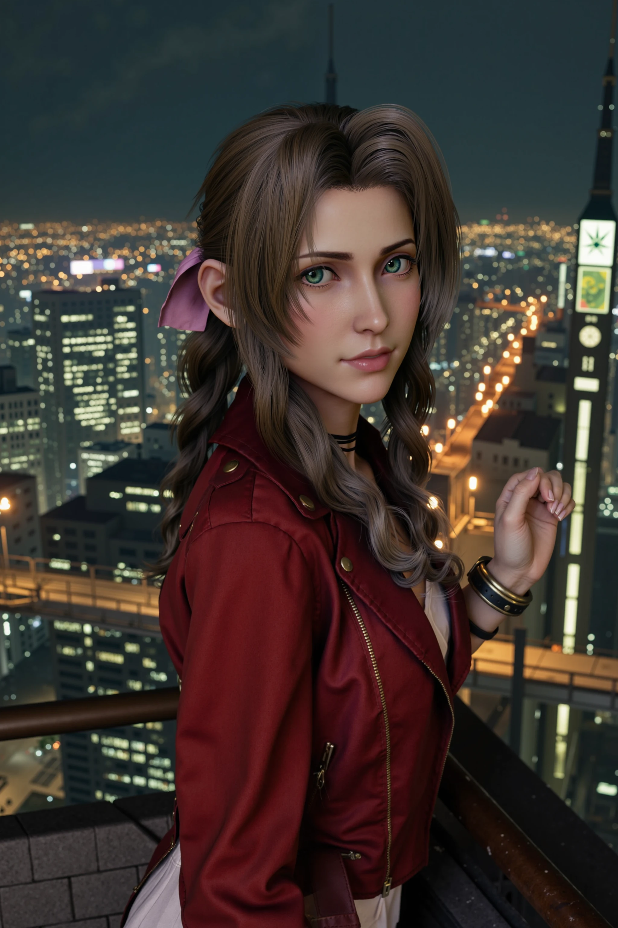 Analog photo of Aerith Gainsborough posing seductively on a balcony at midnight.
The balcony is part of an extremely tall building from which is possible to see the cityscape below., <lora:Flux:1.0>