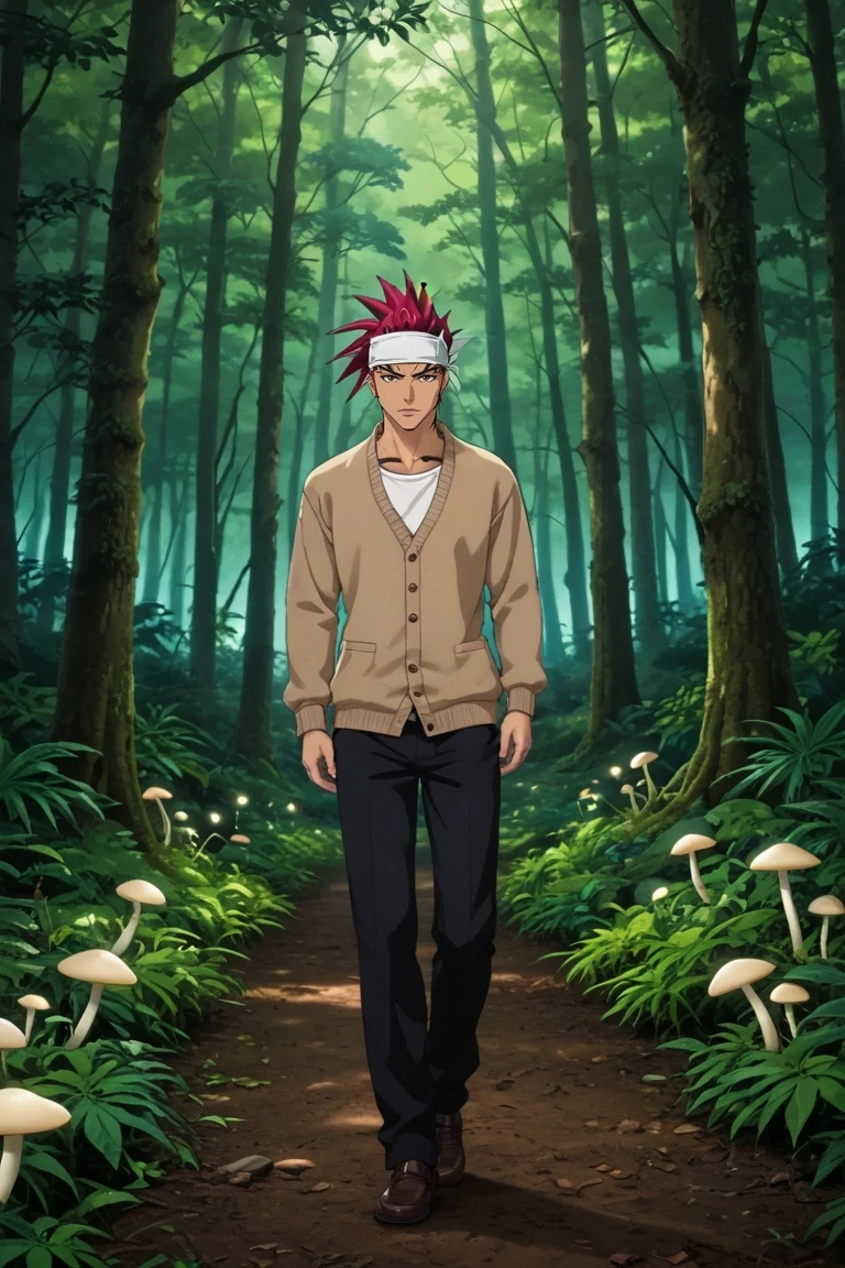 score_9, score_8_up, score_7_up, source_anime, rating_safe, , anime screencap, , official style, , , 1boy, solo, male focus, <lora:renji_abarai_pony:0.92>, renji_abarai, red hair, brown eyes, spiked hair, long hair, ponytail, tattoo, white headband, enchanted forest, glowing plants, fairy lights, mushroom circles, exploring pose, wonder expression, twilight, Hiking pants, Cardigan sweater, Suede loafers, ,, <lora:sdxl_lightning_8step_lora:1>