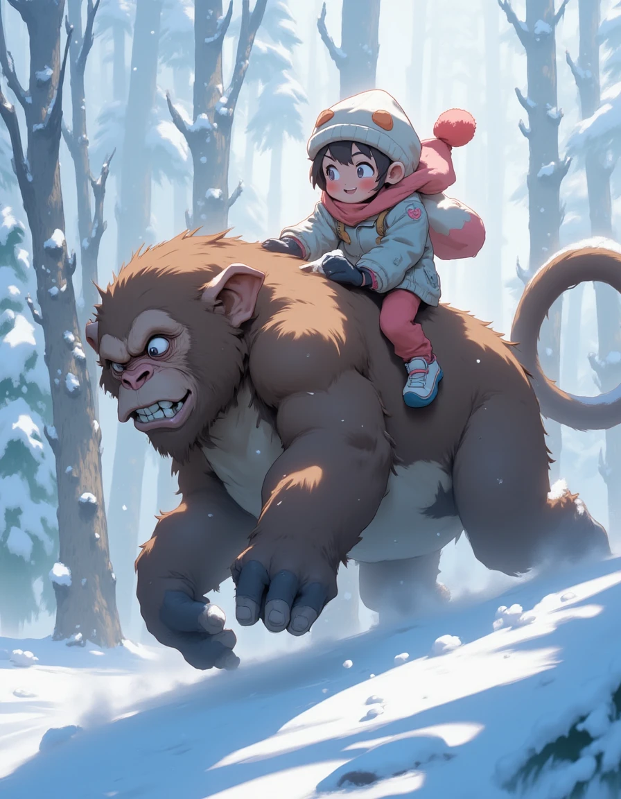 an anime NIJI artwork using muted colors, soft blended shading and smooth lines, Little girl riding on the back of a GIANT monkey in the snow