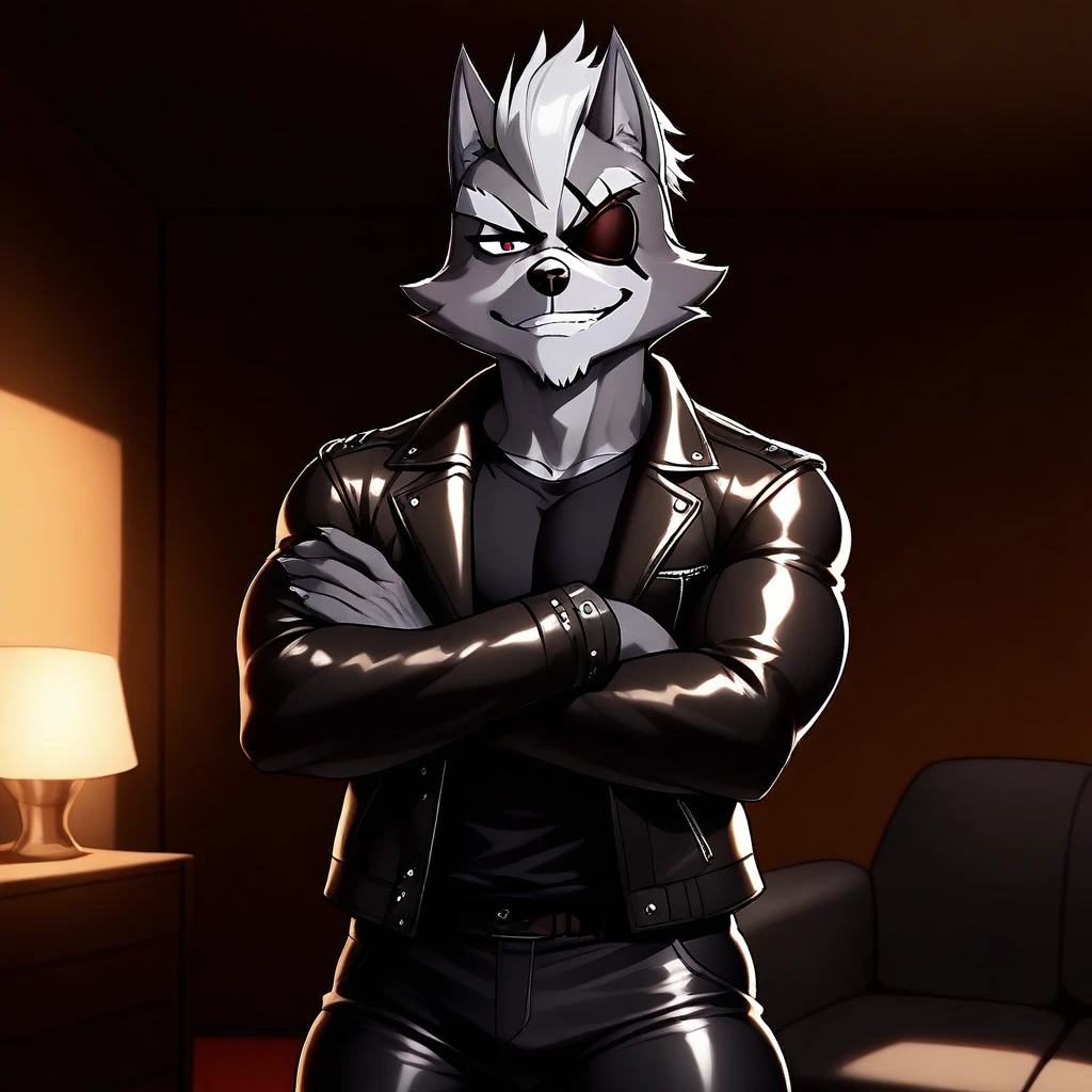 score_9_up, score_8_up, score_7_up, high quality, detailed, source_furry, male, solo male, 1boy, Wolf O’Donnell, broad shoulders, mature male, red eyes, athletic build, animal ears, wolf, scruffy, anthro, anthro male, gray fur, eyepatch on left eye, grinning, smug, looking at viewer, arms crossed, bust shot, half-body shot, living room, indoors, black shirt, leather jacket, black pants