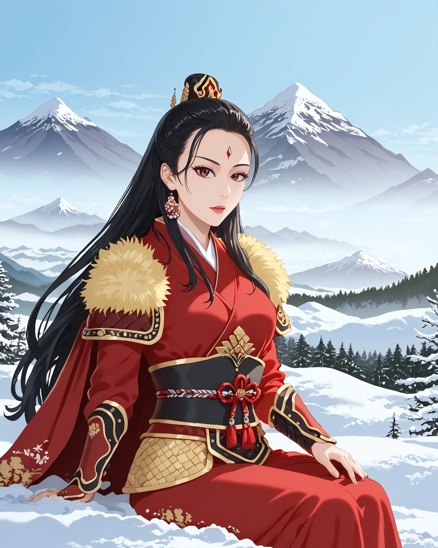 1girl, chinagen, black hair, red embroidery, patterning, snowy mountain, beautiful mountain scenery, masterpiece, highest quality, absurdres, digital art, very detailed, score_9, score_8_up, score_7_up, long hair,  <lora:ChinaGen_XL-000012:1.2>,  <lora:[pony]Sunagawa Tara:1> sunagawa tara