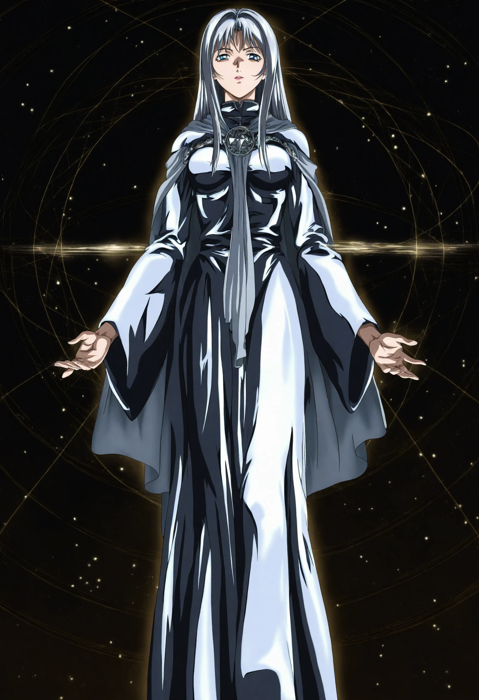 <lora:Bible Black - [Style] - illustriousXL v1:1>, sysdeep_bbstyle, 1girl, solo, glowing silver robe, summoning star-like particles, intricate constellations forming magical patterns in the air,