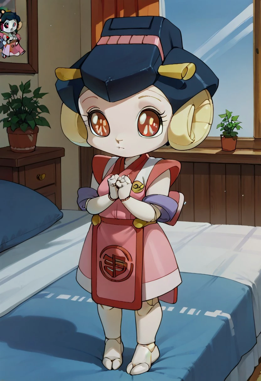 1girl, (omitsu, sheep girl, two-tone fur, ((android)), doll joints, petite, [shortstack], skinny,), score_9, score_8_up, score_7_up, score_6_up, score_5_up, score_4_up, chibi, short legs, medium breasts, thin waist, red eyes, full body 
naked sheet, bedroom,