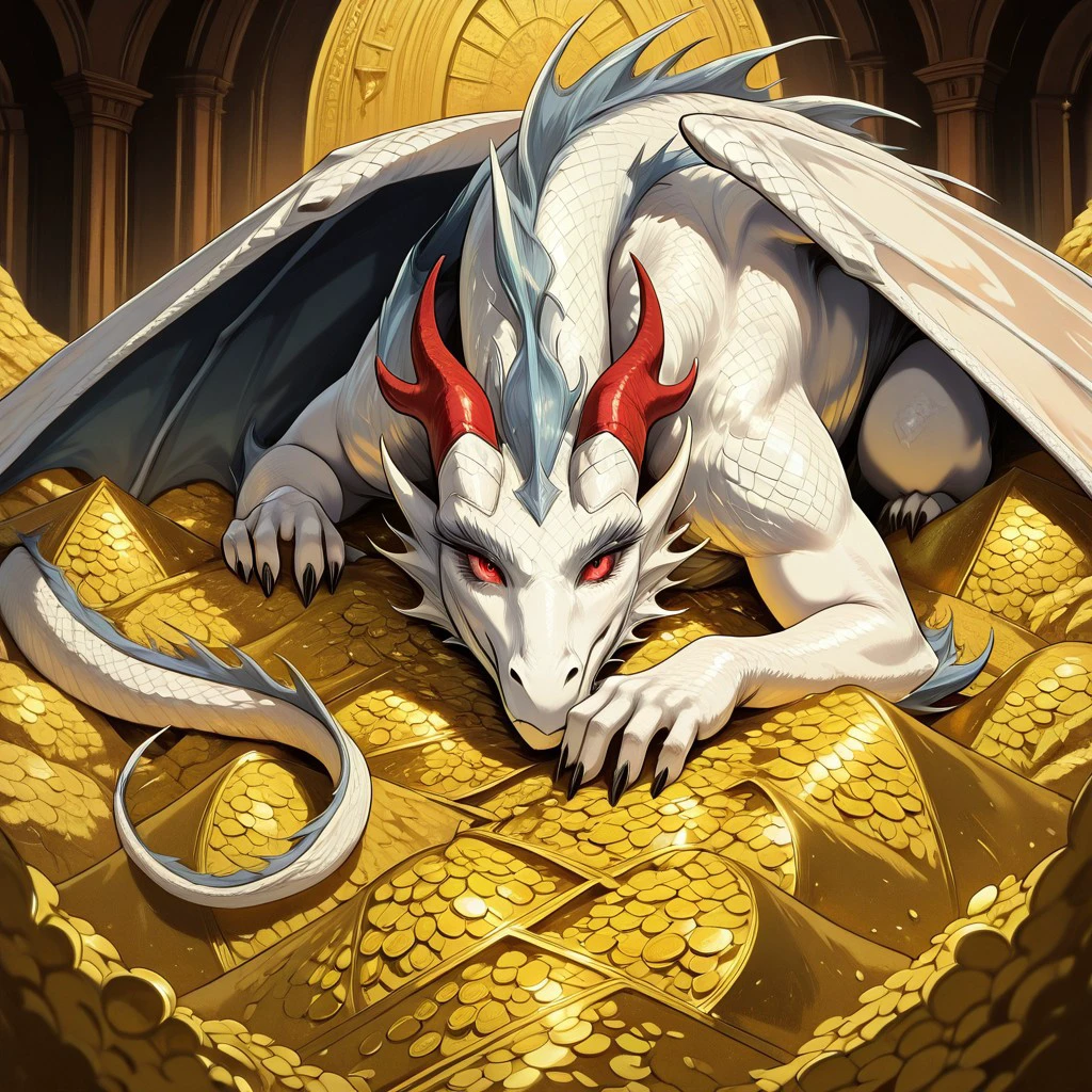 masterpiece, best quality, newest, absurdres, highres, DragonshoardIL, dragon, treasury, treasury-background, background, gold tresure, golden coins, coins, gold, tresurę chest, jewelry, dragon, white dragon, white scales, red eyes, looking at viewer,