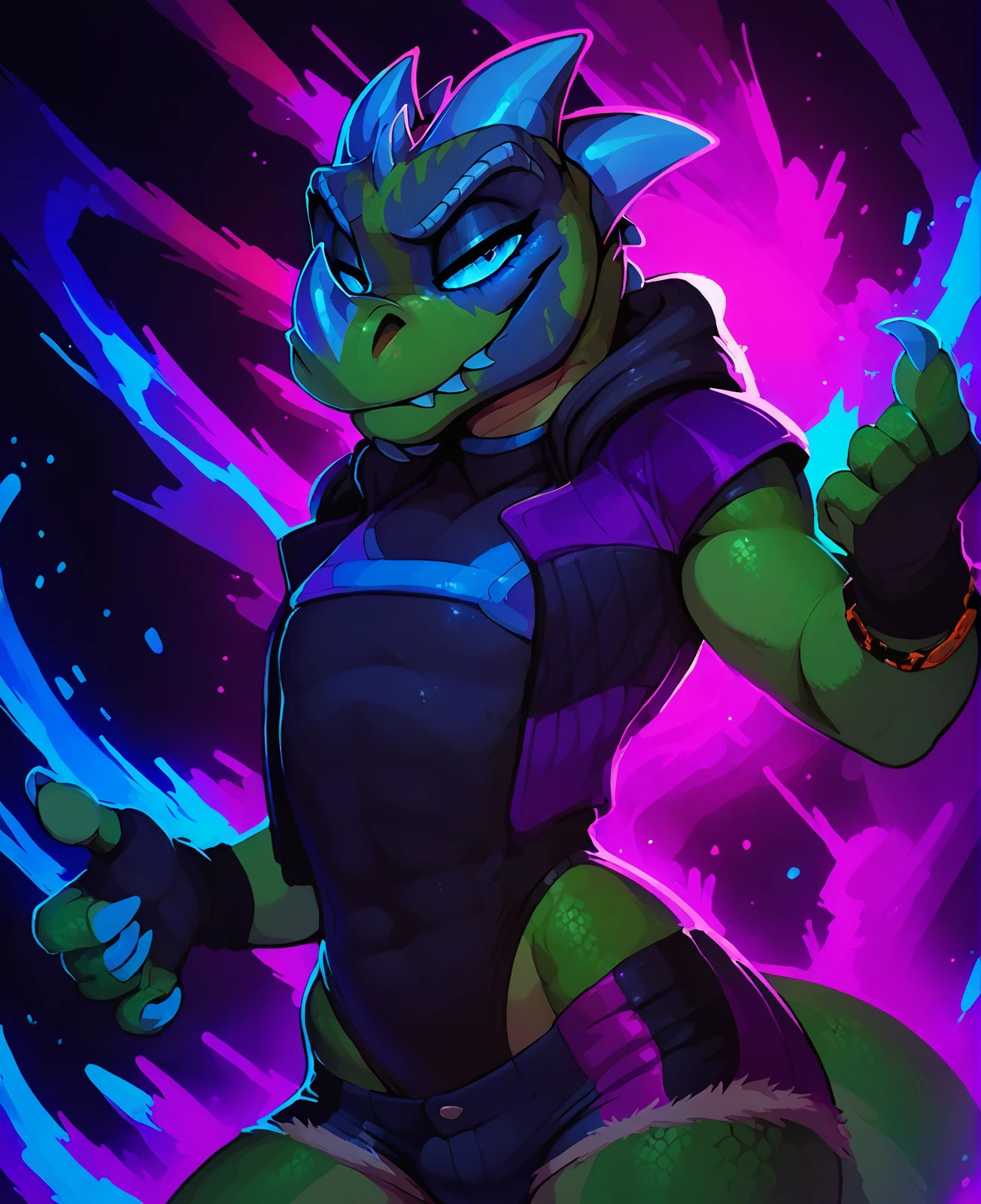 <lora:fortnitelsxl:1> fortnitelsxl, (thick multicolored outline, aqua aura, teal energy, multicolored background, colorful, blue and green wisps, surrounded by energy), black canvas, <lora:kabsraptorxl:0.93>, verge outfit, source_furry, solo, vergence (kabscorner), 1boy, solo, detailed scale texture, bedroom eyes, glistening, raptor, lizard, cowboy shot, black leotard, short vest, purple gloves, hood, beautiful, shorts, portrait, green arms,  female, sexy, wide hips, exposed hips, voluptuous, thick thighs, flat chest, curvy, lizard tail, bedroom eyes, glistening, scales, realistic detailed skin,dynamic pose, dutch angle, green skin, green body, blue eyes, nose horn, blue horns, fangs,
score_9, score_8_up, score_7_up,  <lora:add-detail-xl:1.4>,  <lora:incase---1:0.5>, zPDXL2,  <lora:g0th1cPXL:0.2>, (five fingers),  <lora:Perfect Hands:0.8> Perfect Hands