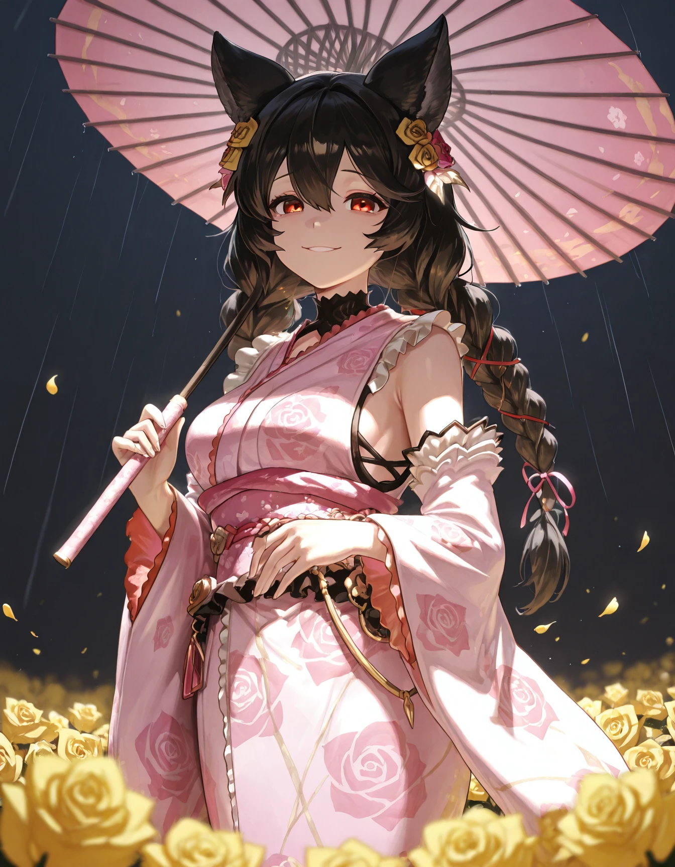 masterpiece, best quality, amazing quality,  
 <lora:neirIL:1>, nierIL, nieryukata, twin braids, floral print kimono, hair flower, sash, pink kimono, 1girl, solo, long hair, looking at viewer, smile, hair ornament, dress, ribbon, hair between eyes, braid, flower, frills, detached sleeves, japanese clothes, wide sleeves, kimono, petals, rose, umbrella, holding umbrella, yellow flower, yellow rose