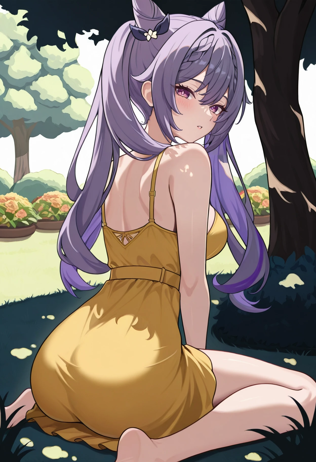 masterpiece, best quality, hires, absurdres, newest, 1girl, solo, <lora:keqing-gi-richy-v1_ixl:1> kqngrd, purple eyes, purple hair, long hair, twintails, double bun, cone hair bun, braid, hair between eyes, medium breasts, from behind, looking at viewer, looking back, (dappled sunlight:1.3), parted lips, yellow sundress, fine fabric emphasis, garden, tree shade, outdoors, blush, bare legs, dark, darkness, sunlight, sitting, wariza, grass, dark theme