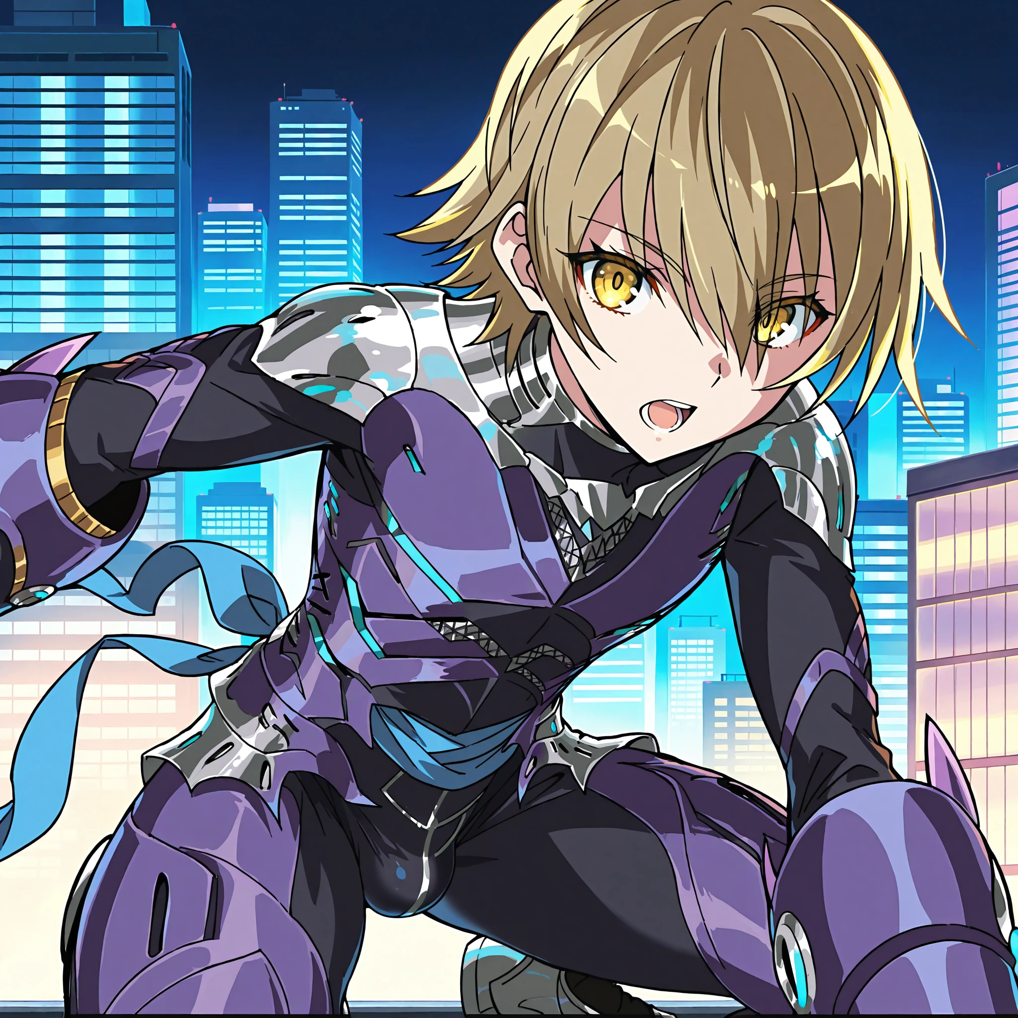 masterpiece,best quality,(anime style,anime screencap:1.2),1boy,solo,otoko no ko,KurokiShizuku,purple armor,black bodysuit,hair between eyes,breastplate,eyebrows visible through hair,silver collarbone armor,blonde hair,short hair,yellow eyes,(blue waist tie:1.2),turtleneck,(muscular:1.2),<lora:KurokiShizuku_ILnw64:0.9> BREAK
crouching,open mouth,looking at viewer,(bulge:1.1),neon city balcony,