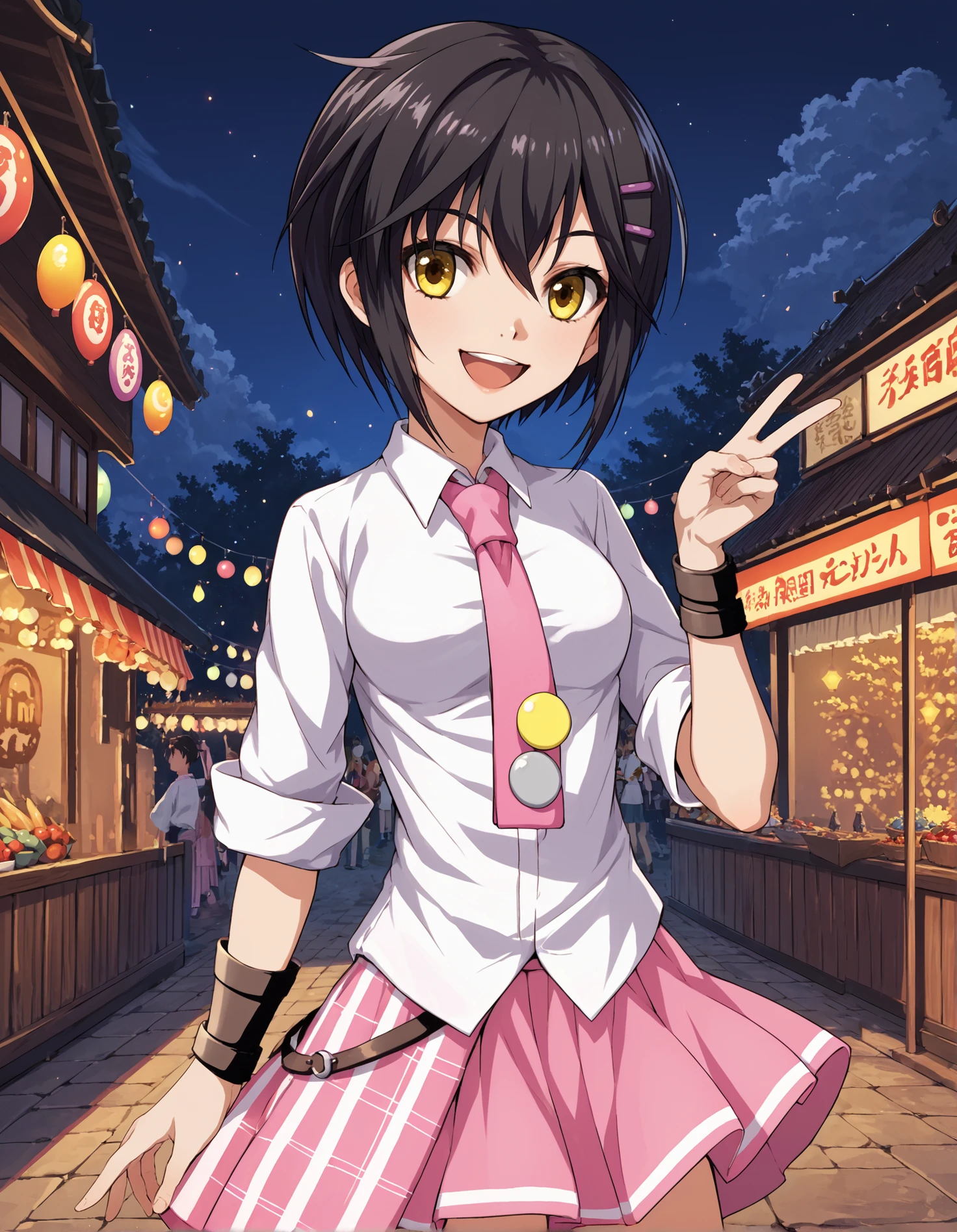 score_9, score_8_up, source_anime, 1girl, upper body, medium shot, detailed, pmmmkurekirika, standing, black hair, yellow eyes, purple hairpin, white shirt, pink tie, badges on tie, grey wrist guards, pink skirt, belt, dynamic pose, outdoors, festival, smiling, hand up, v, night, (side view:0.7), <lora:pmmmkurekirika_XL:0.9>