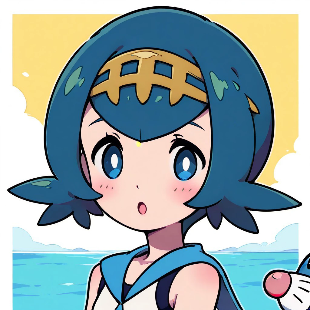 masterpiece, best quality, 1girl, solo, eyelashes, (beautiful eyes),   ,
1girl, blush, smile, short hair, open mouth, bangs, blue eyes, shirt, smile, blue hair, swimsuit, white shirt, hairband, green hair, sleeveless, sailor collar, :o, one-piece swimsuit, pokemon (creature), blue sailor collar, bright pupils, freckles, outline, white pupils,  yellow hairband, zzLana, yellow hairpiece, blue hair, popplio